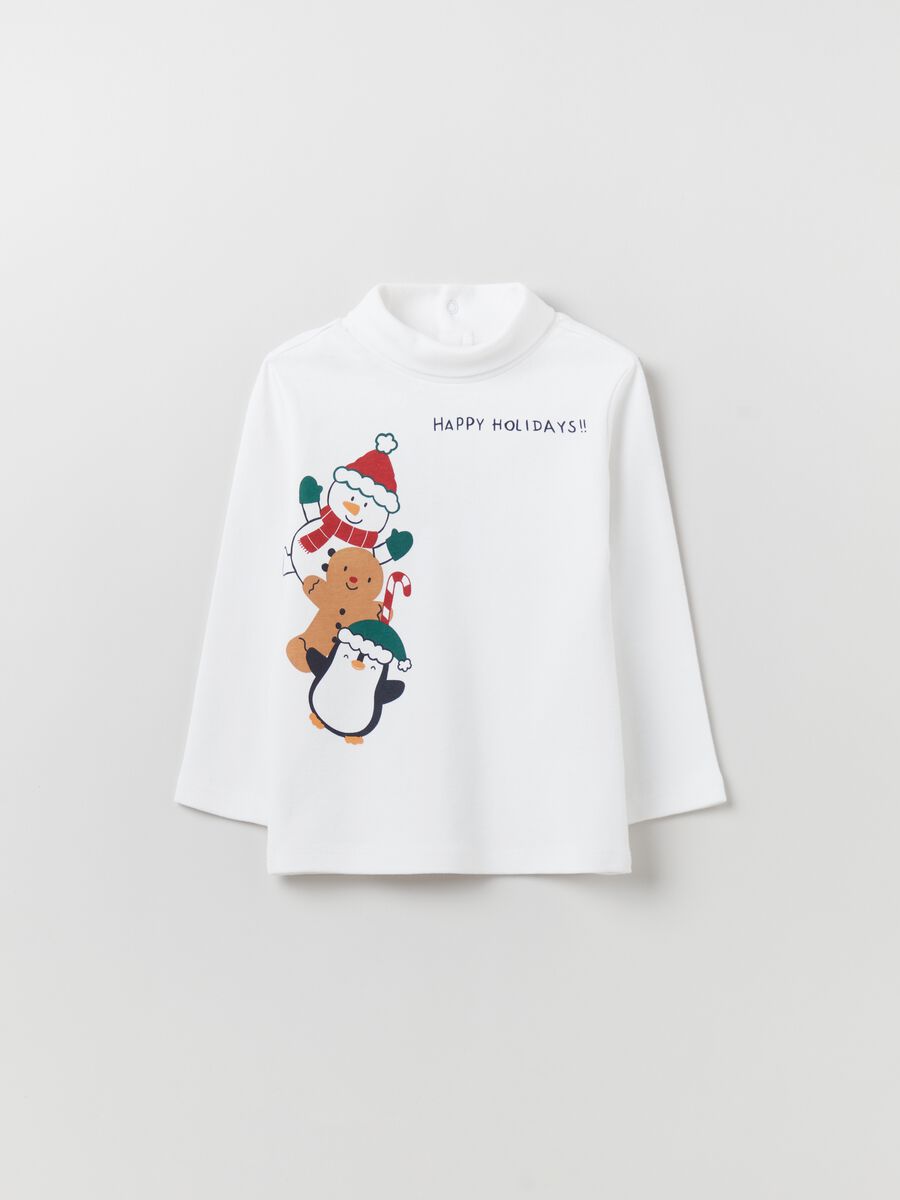T-shirt a collo alto con stampa natalizia_0