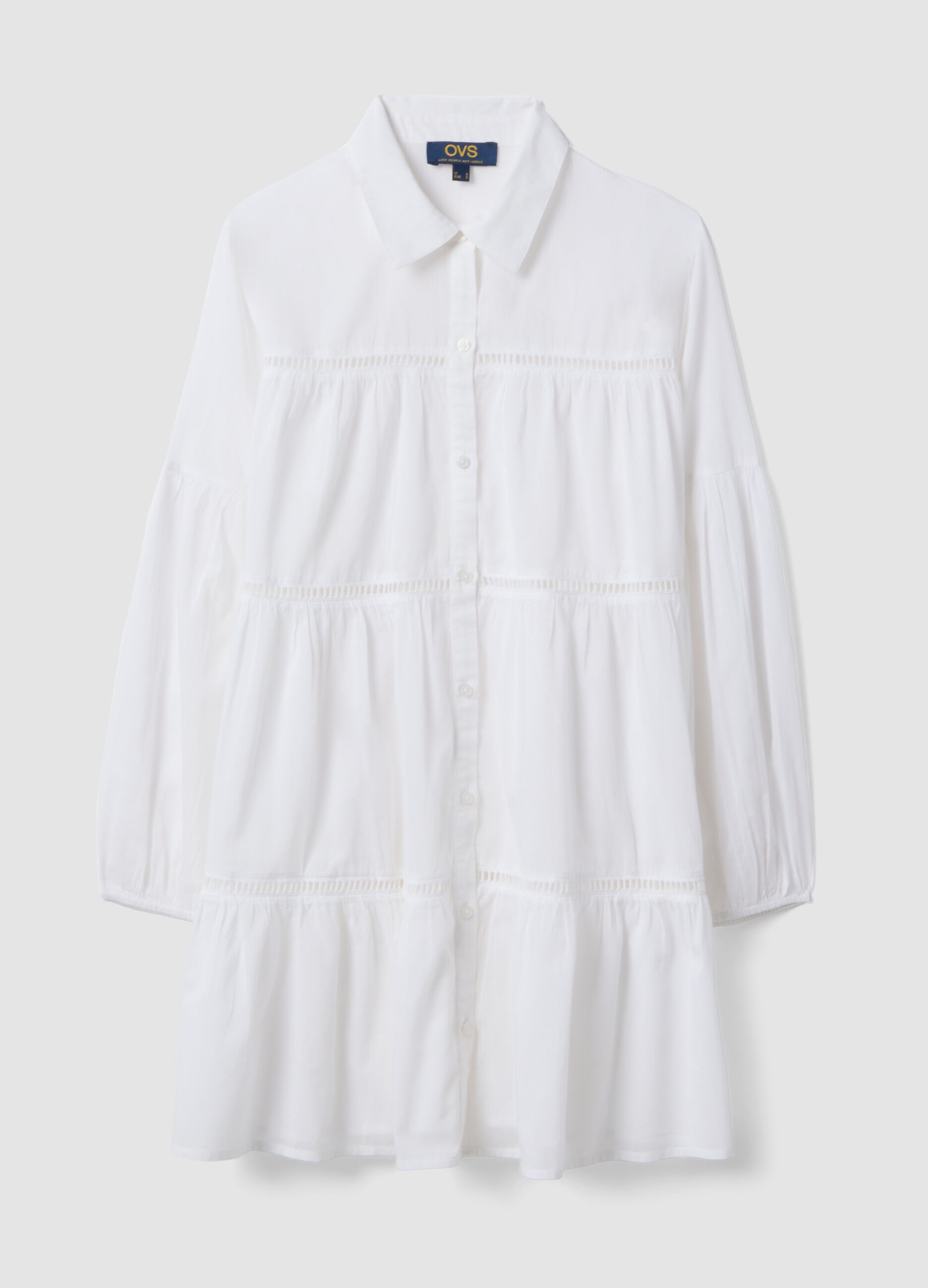 White pure organic cotton kaftan with ruffles and broderie inserts