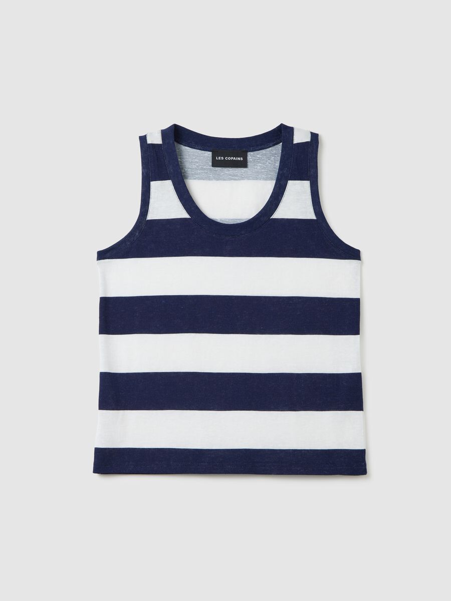 White and blue striped cotton and polyester blend tank top_0