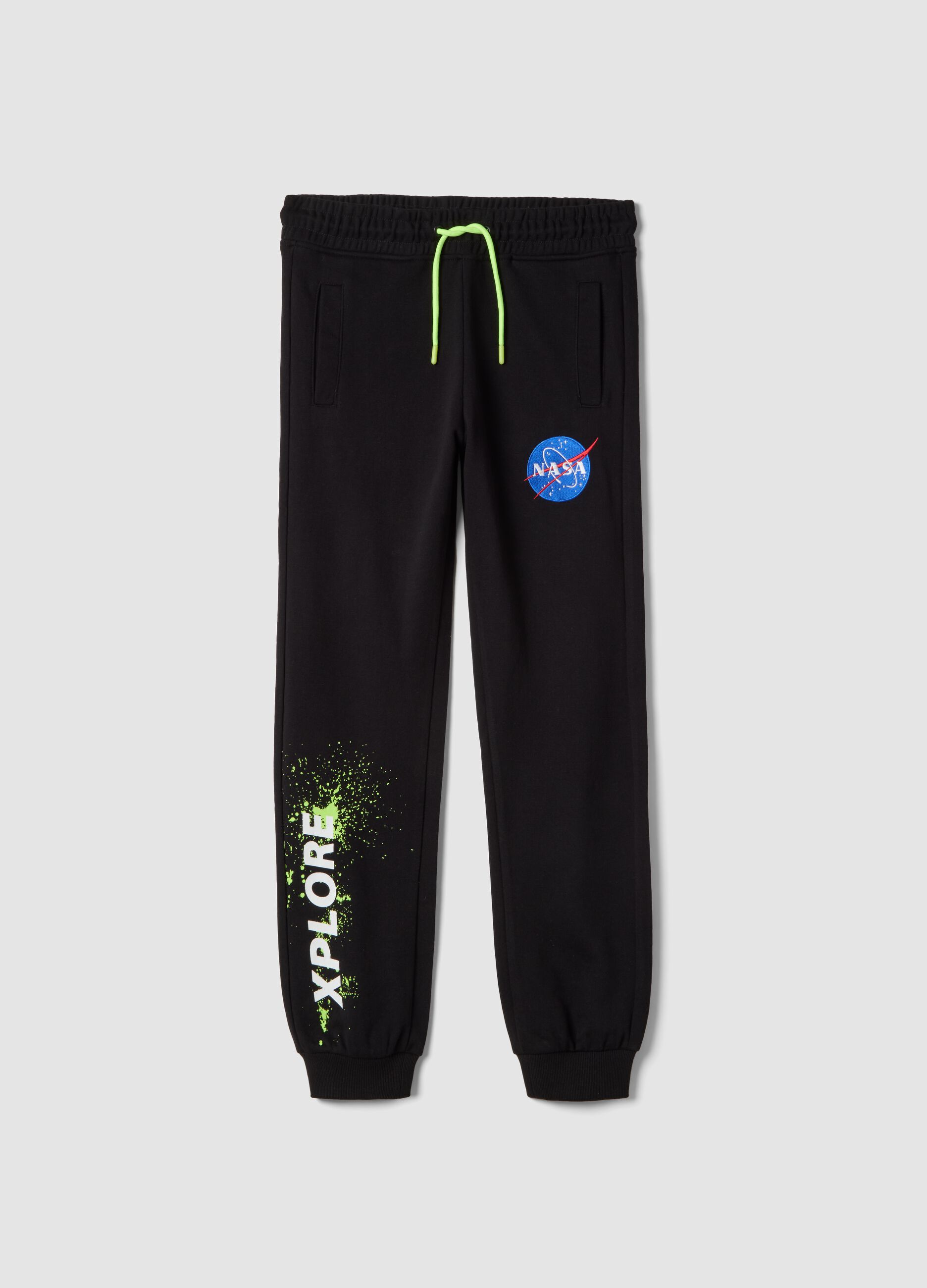 Boys' regular fit black cotton blend trousers with NASA patch