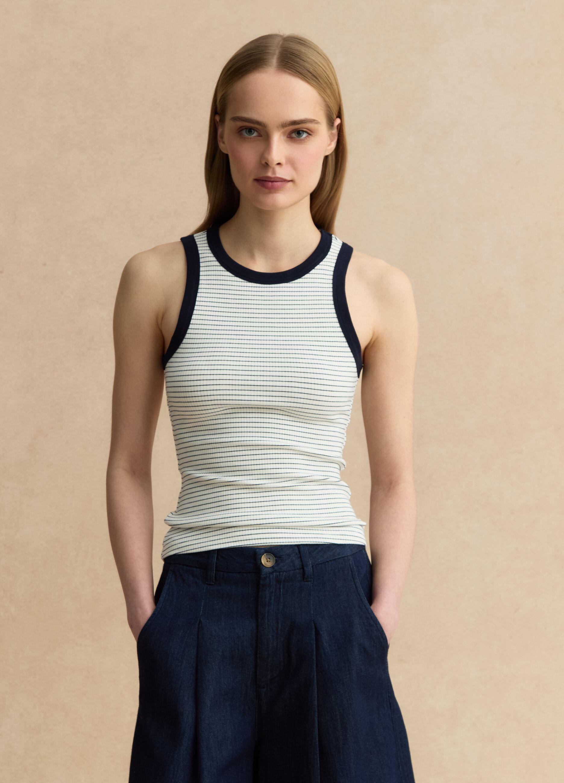 White stretch viscose tank top with blue detailing, regular fit