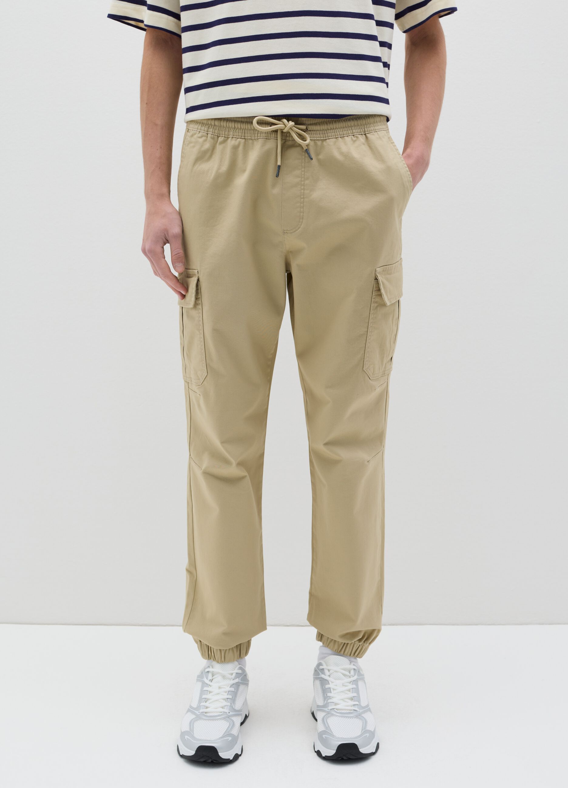 Beige cargo joggers with drawstring