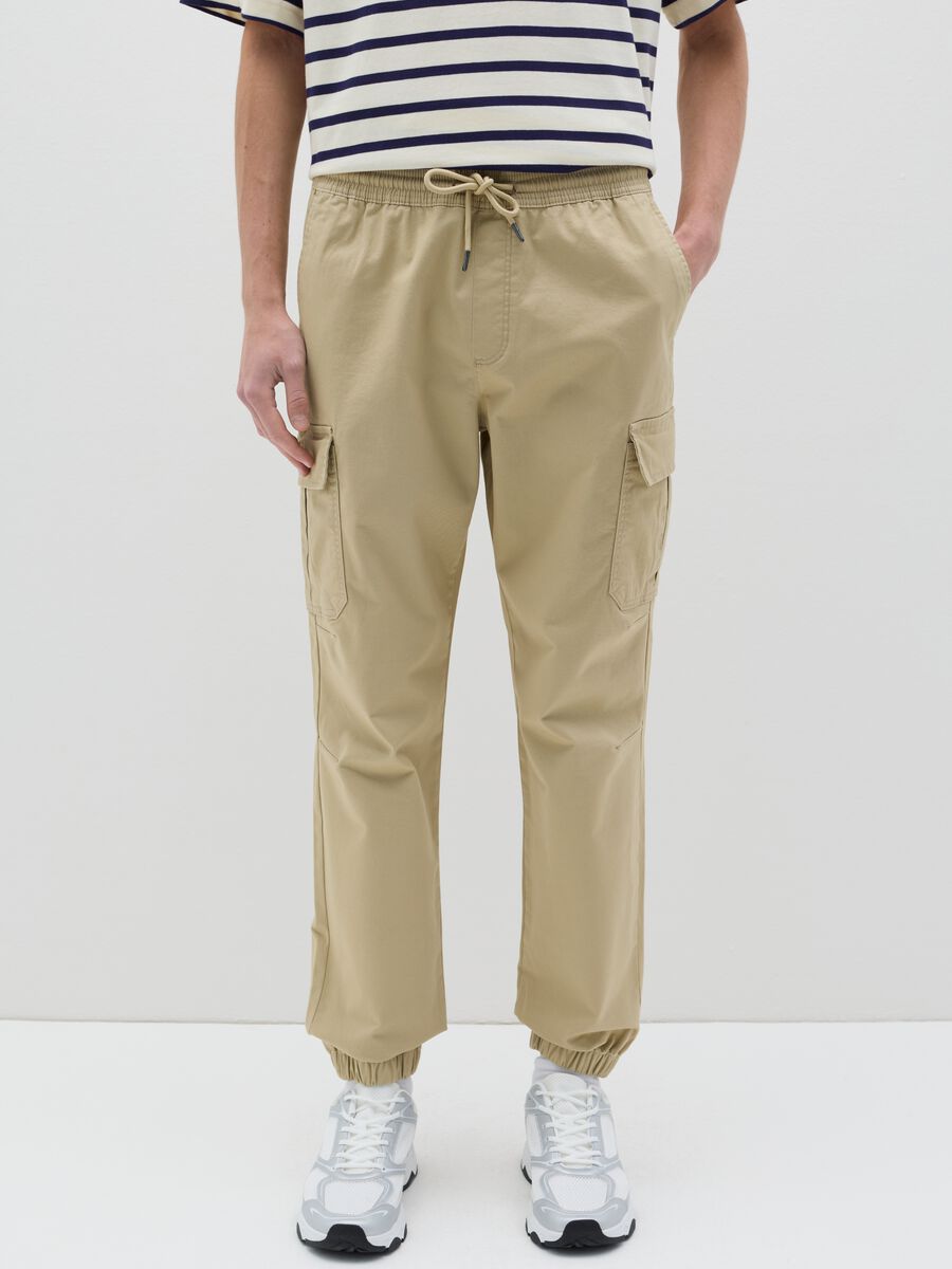 Beige cargo joggers with drawstring_1
