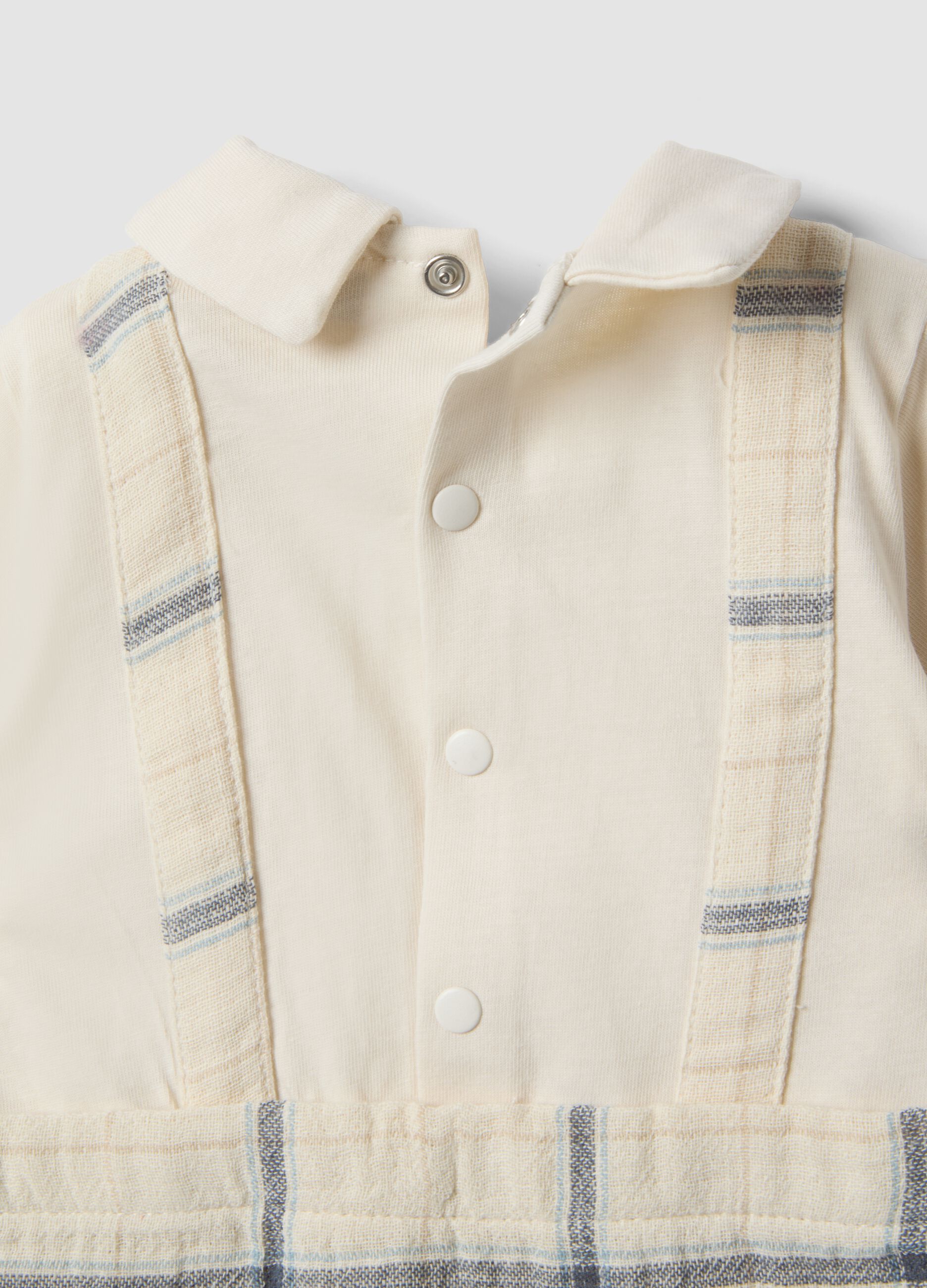 Beige pure cotton baby romper with checked pattern and collar