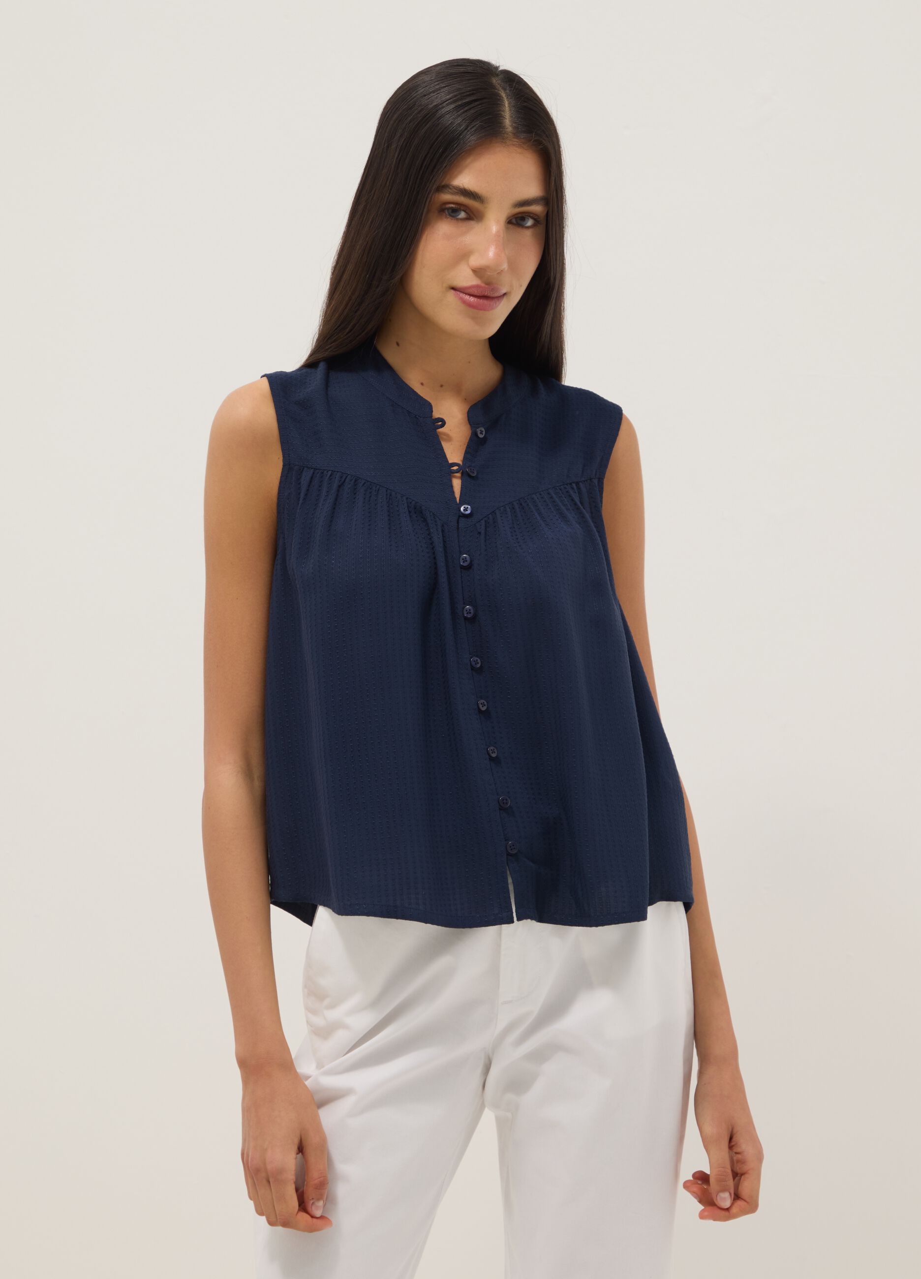 Blue pure viscose regular-fit shirt with embroidered texture