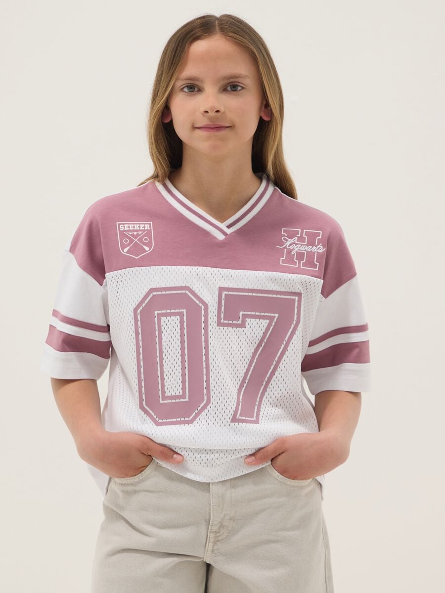 Pink and white pure cotton T-shirt with mesh texture_0