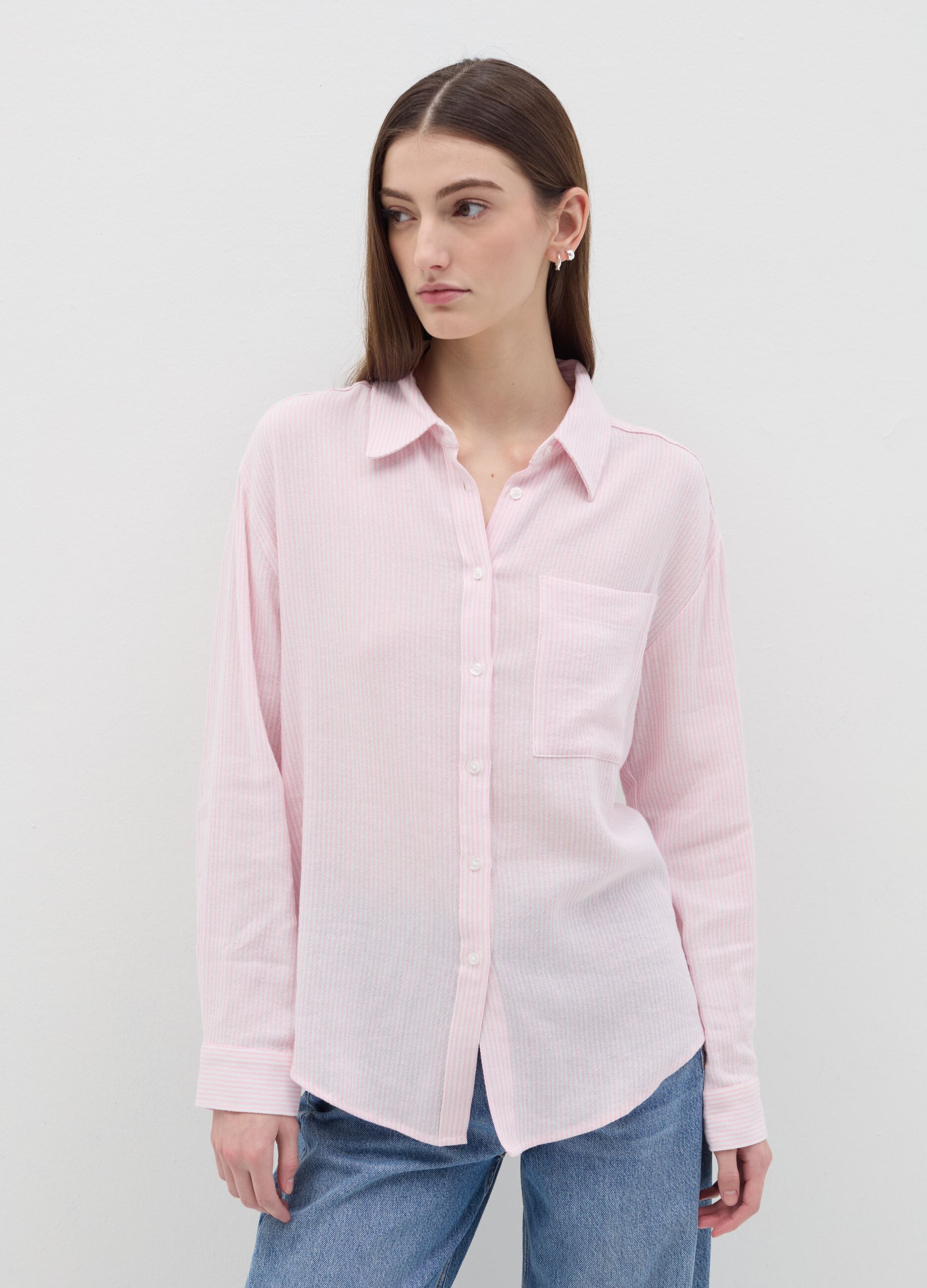 Camicia rosa a righe in cotone e lino