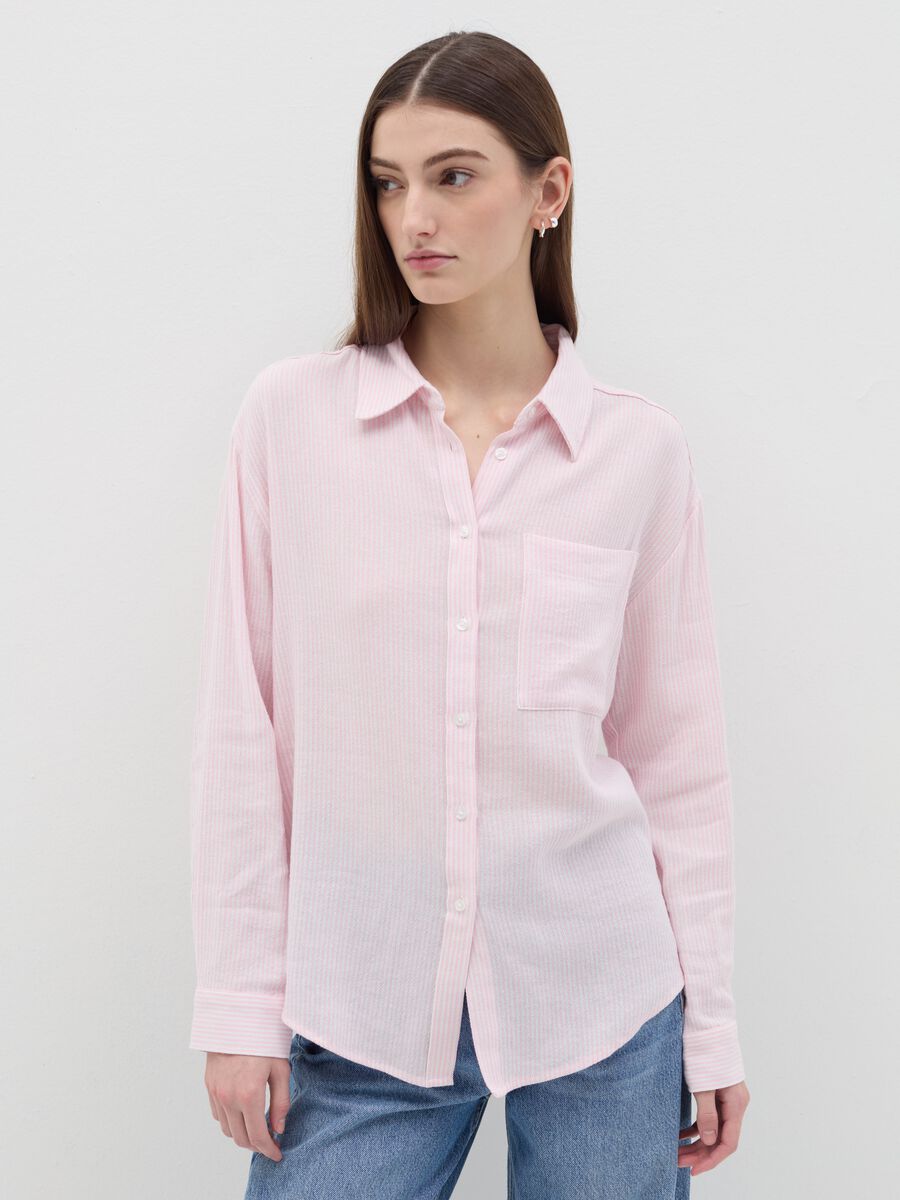 Striped pink shirt in cotton and linen_0