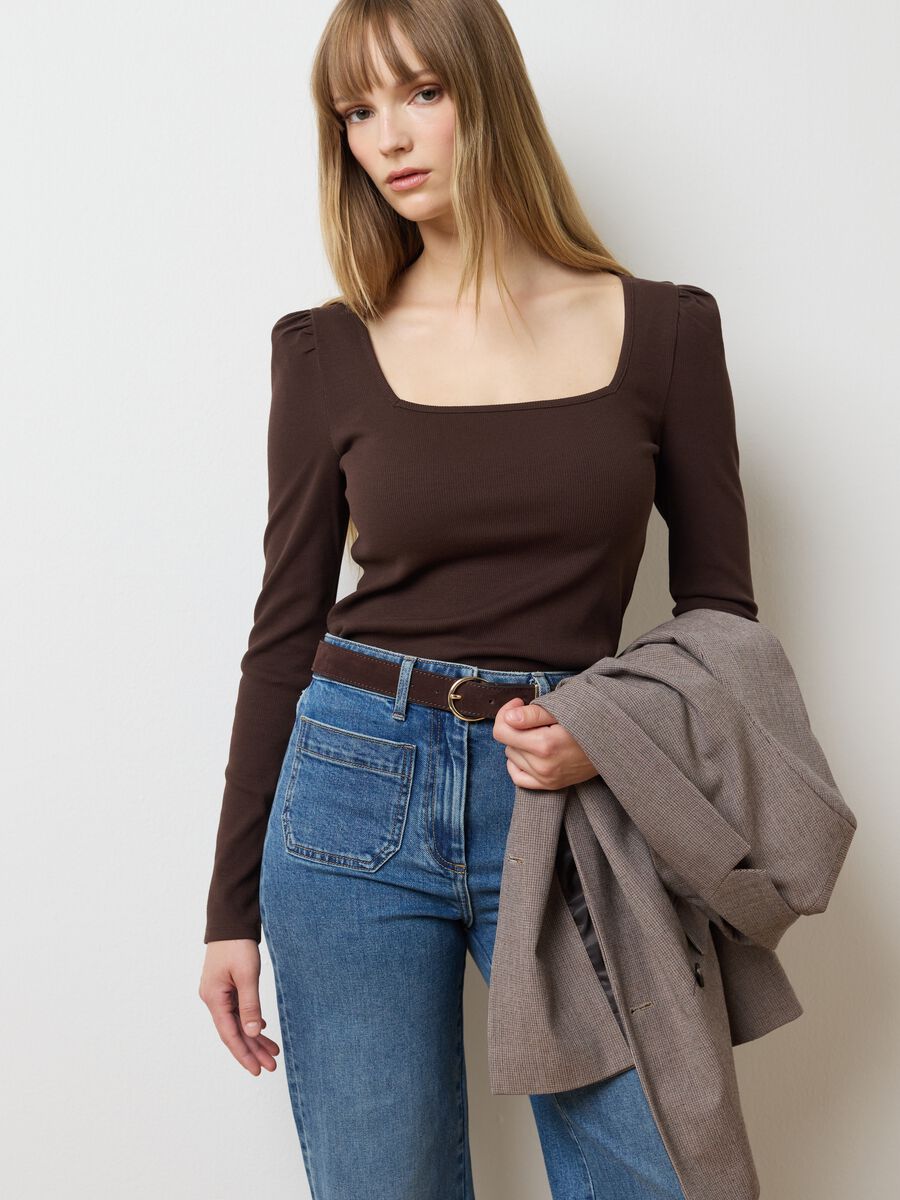T-shirt marrone elasticizzata a maniche lunghe_0