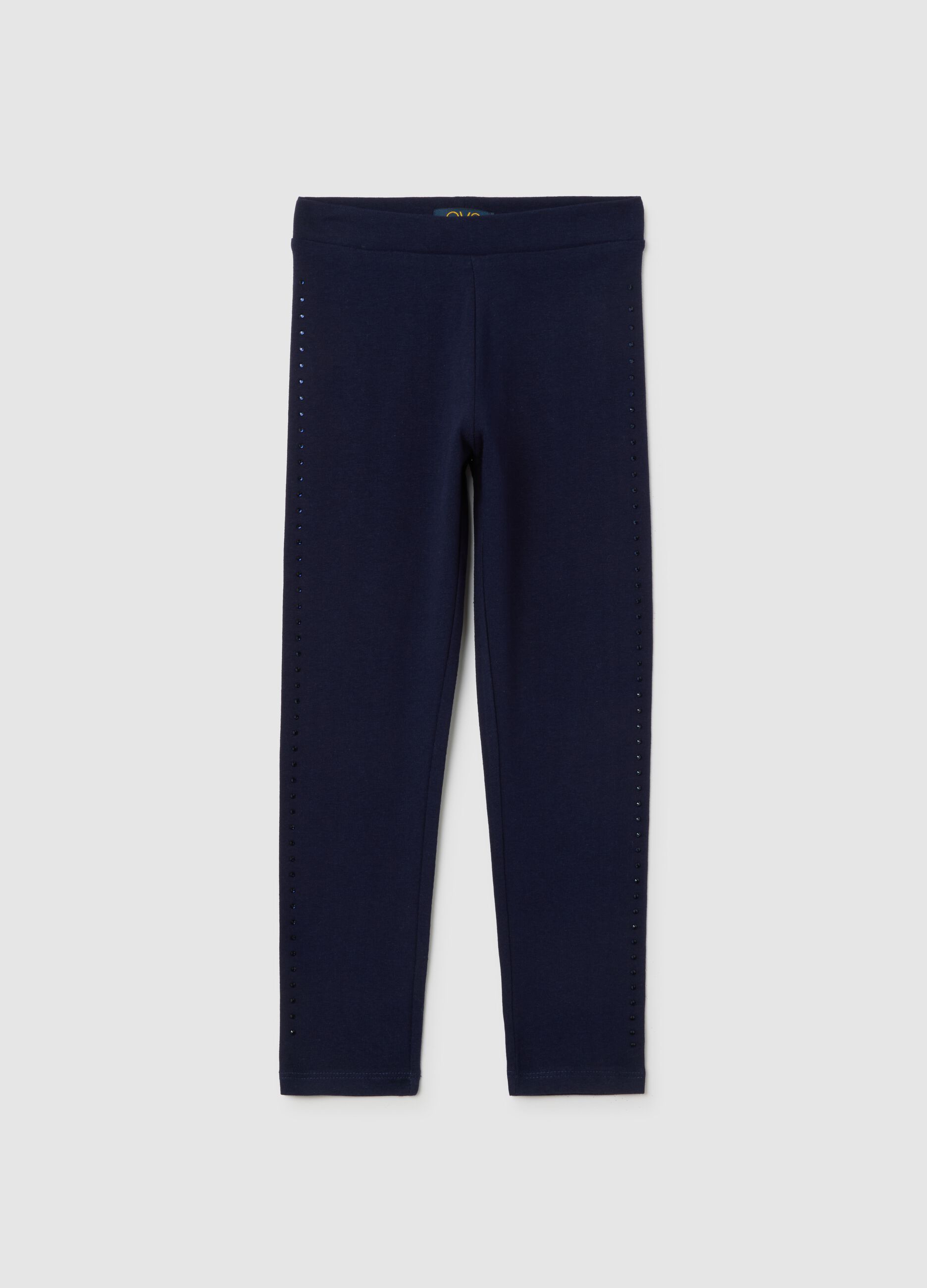 Girls' cotton stretch blue leggings with rhinestones