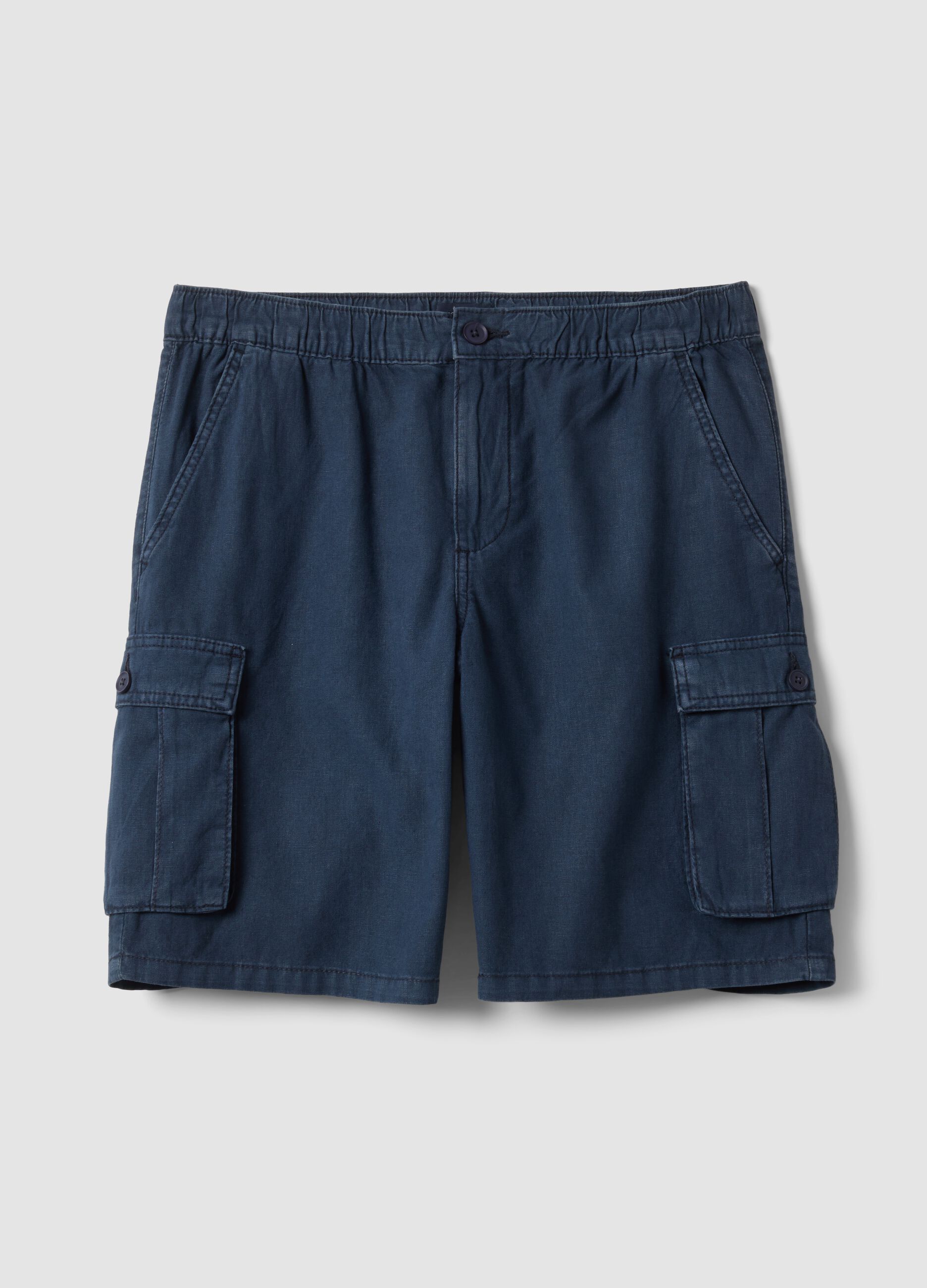Blue linen and cotton blend cargo Bermuda shorts