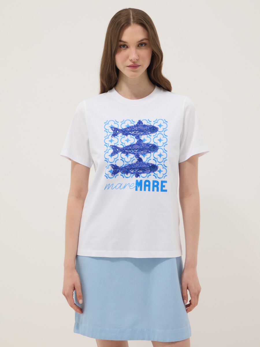 White 100% cotton T-shirt with front print_0