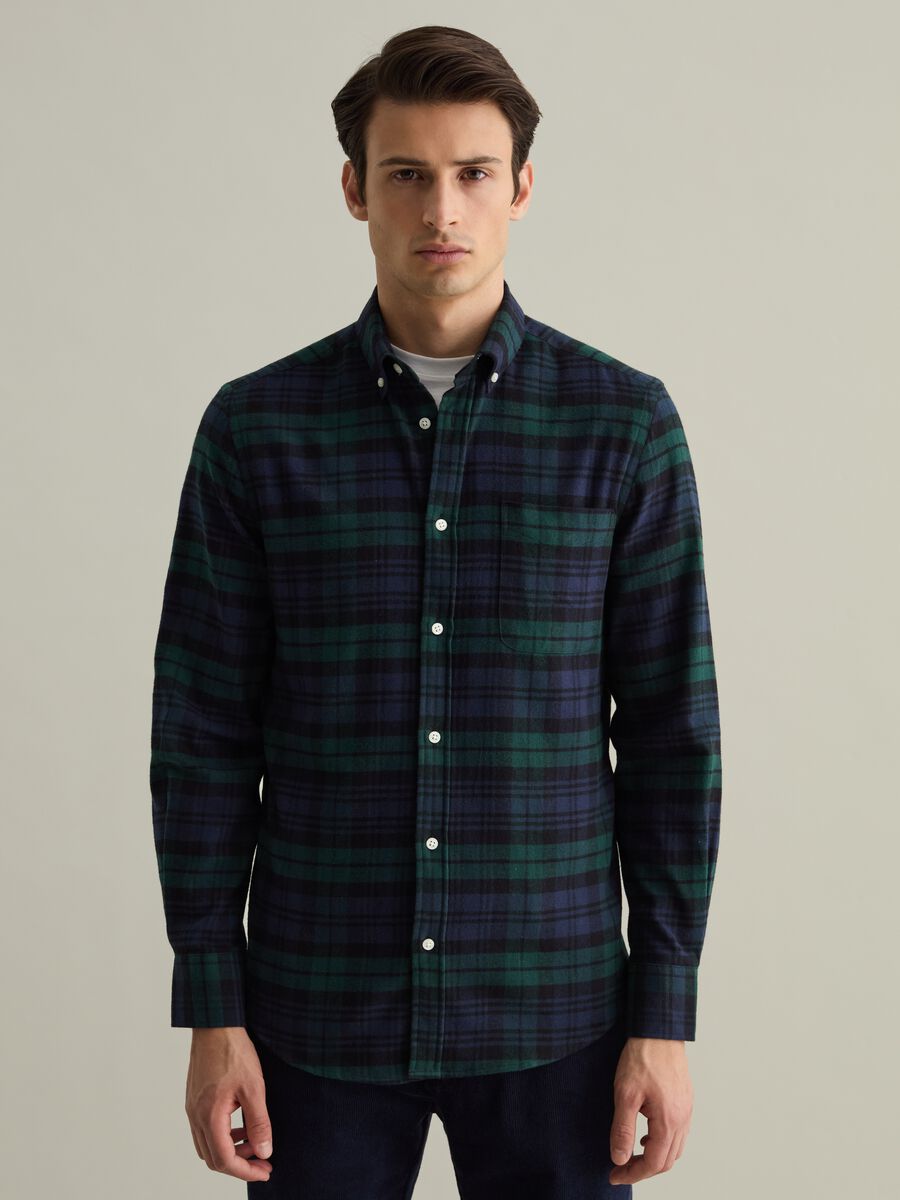 Flannel shirt with check pattern and button-down collar_0