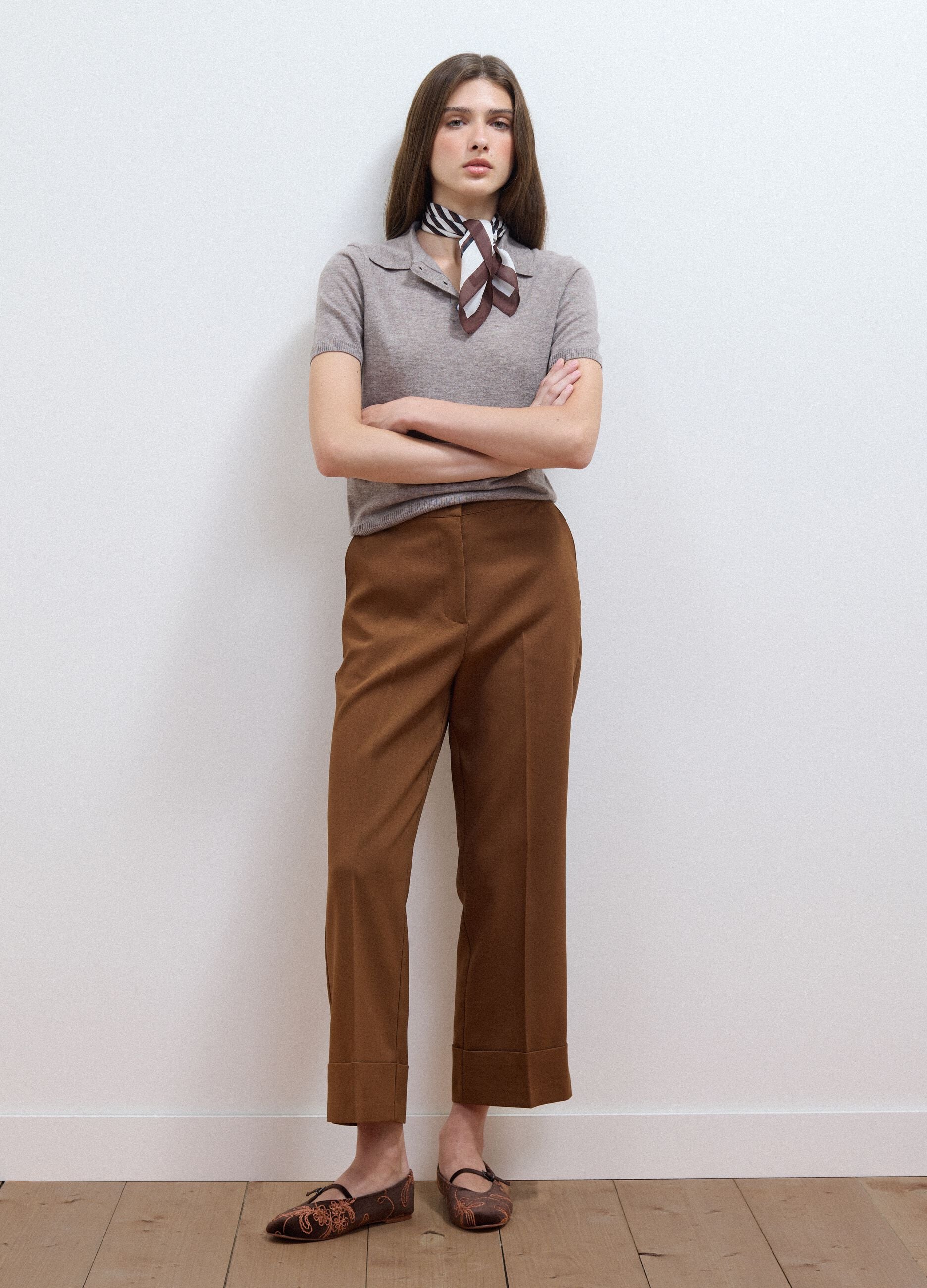 Taupe-grey pure wool polo-collar jumper, regular fit