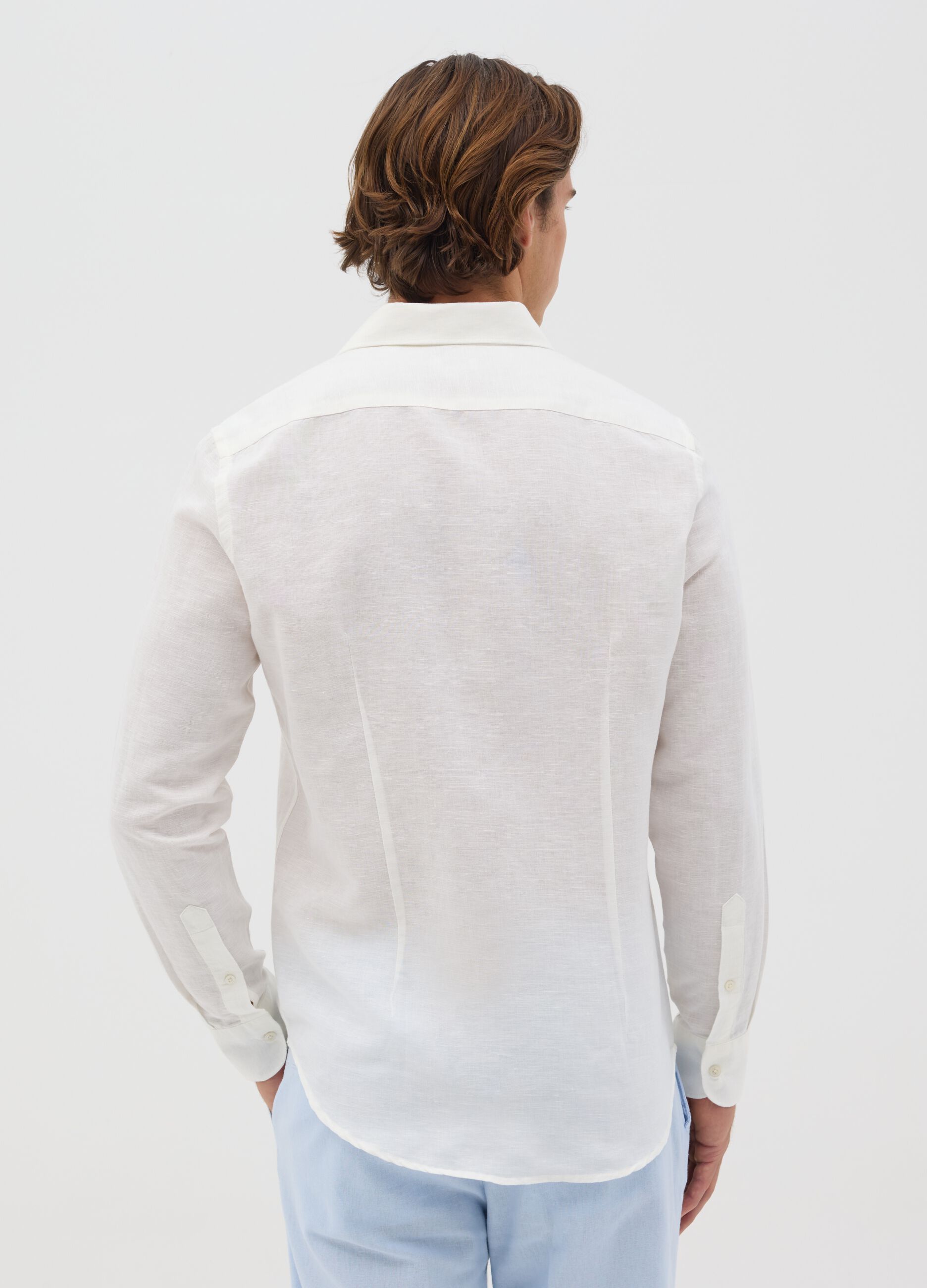 Camicia da uomo in lino e cotone bianca slim fit e colletto alla francese