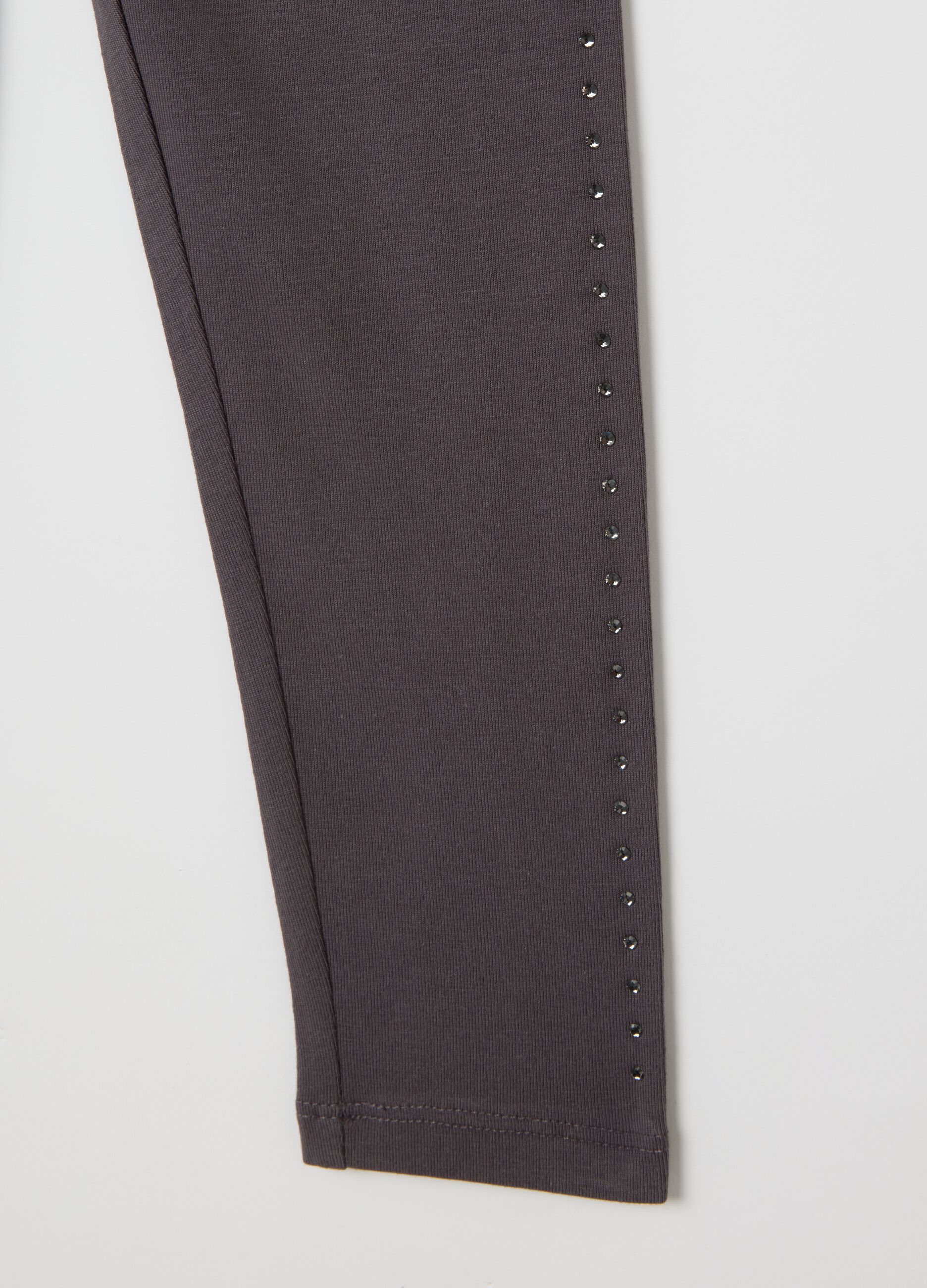 Girls' grey stretch cotton leggings with rhinestones