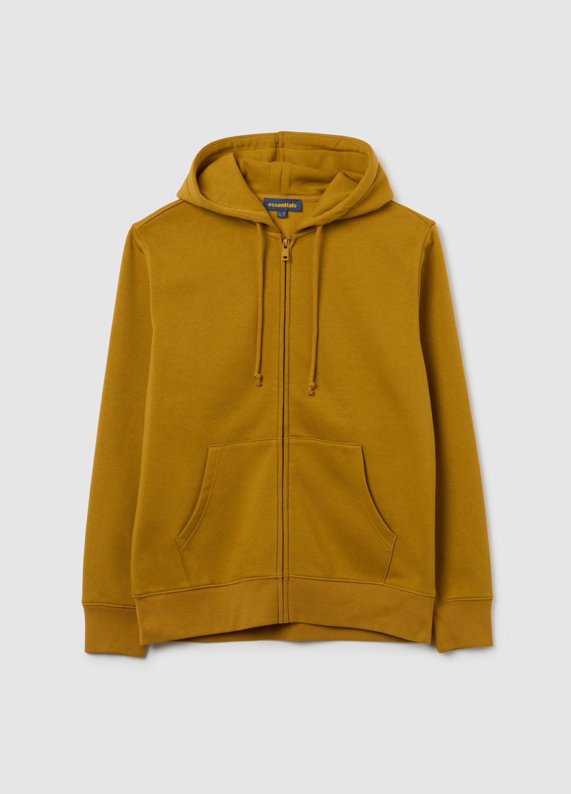 Yellow regular fit cotton blend hoodie with zip