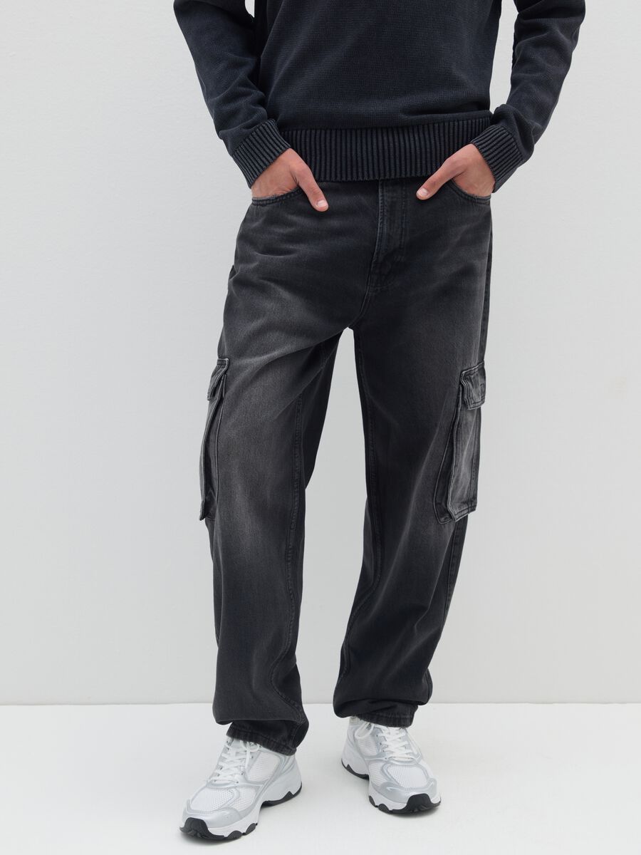 Jeans baggy in puro cotone neri con tasche cargo_1