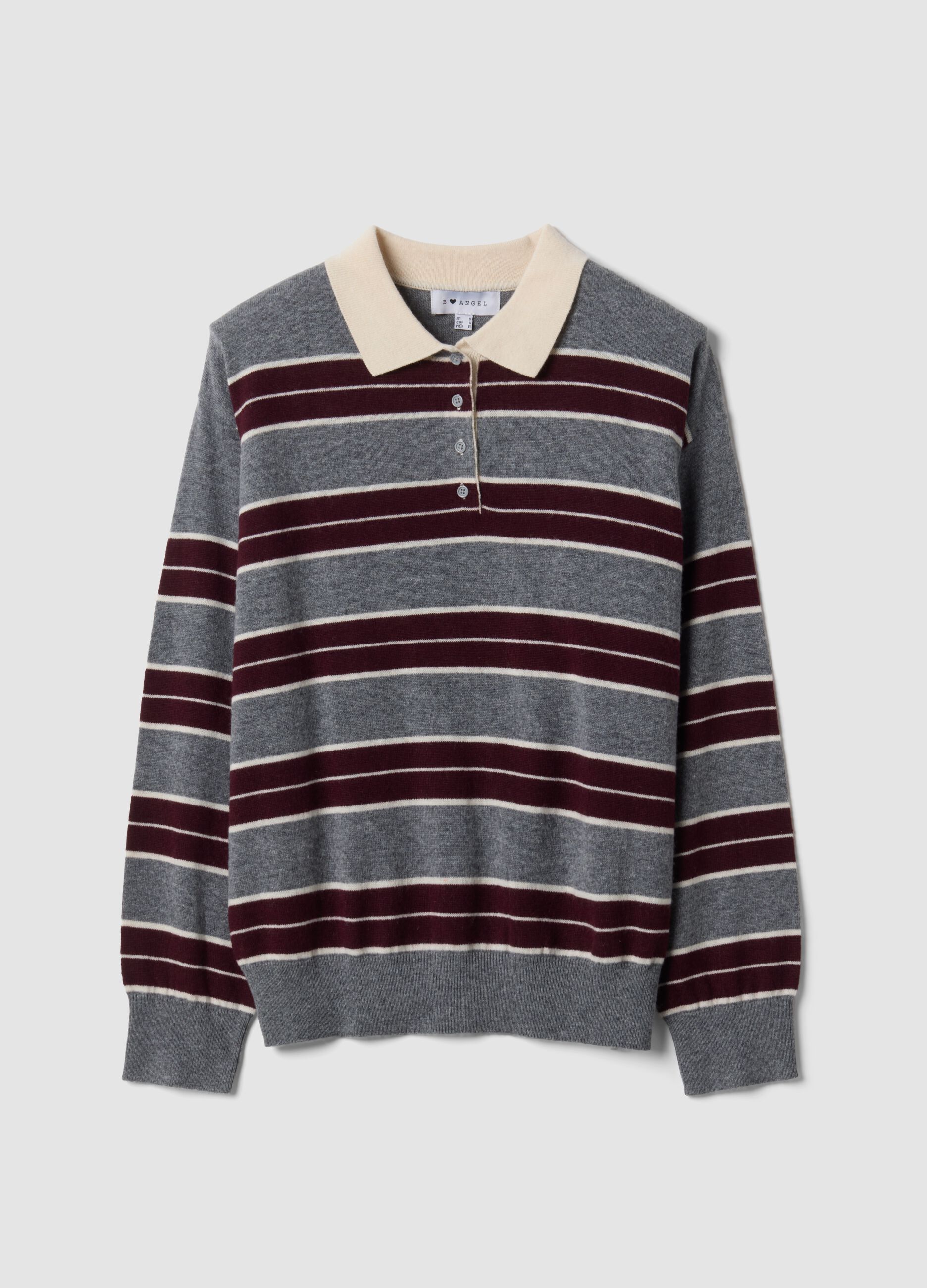 Maglia grigia in misto lana a righe con colletto polo