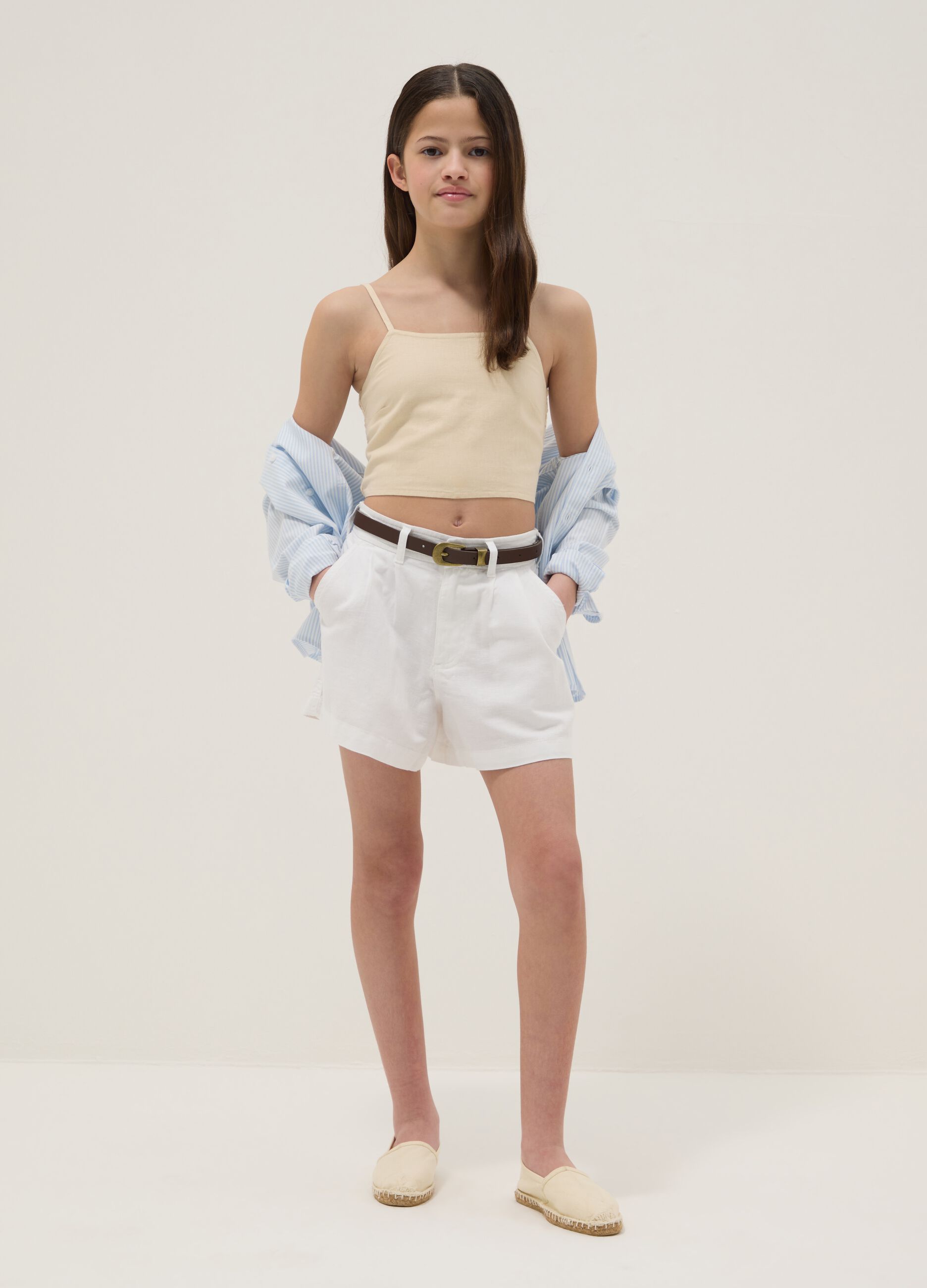 Girls&rsquo; white linen-cotton blend regular-fit shorts