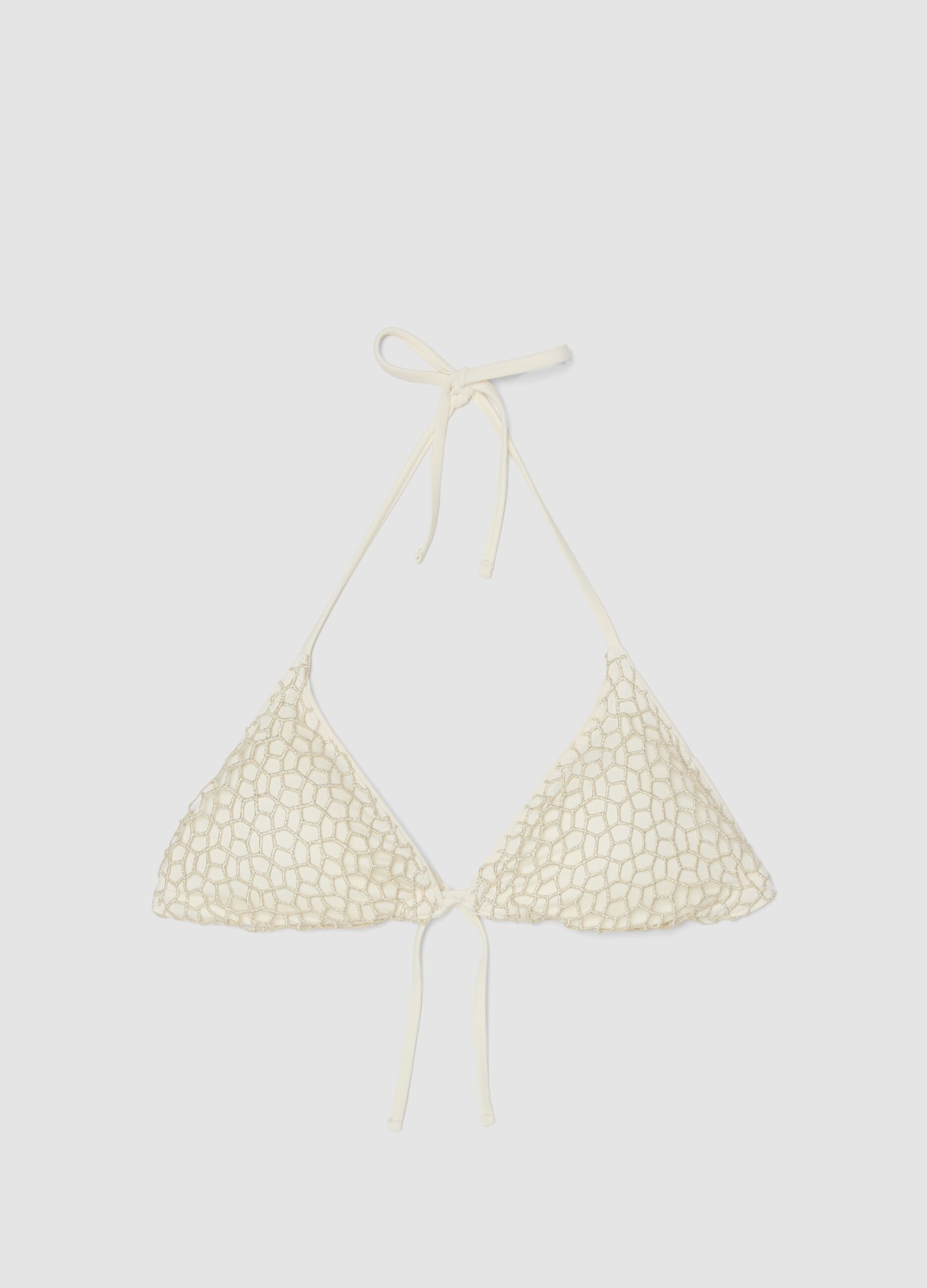 White triangle bikini with embroidered mesh detailing