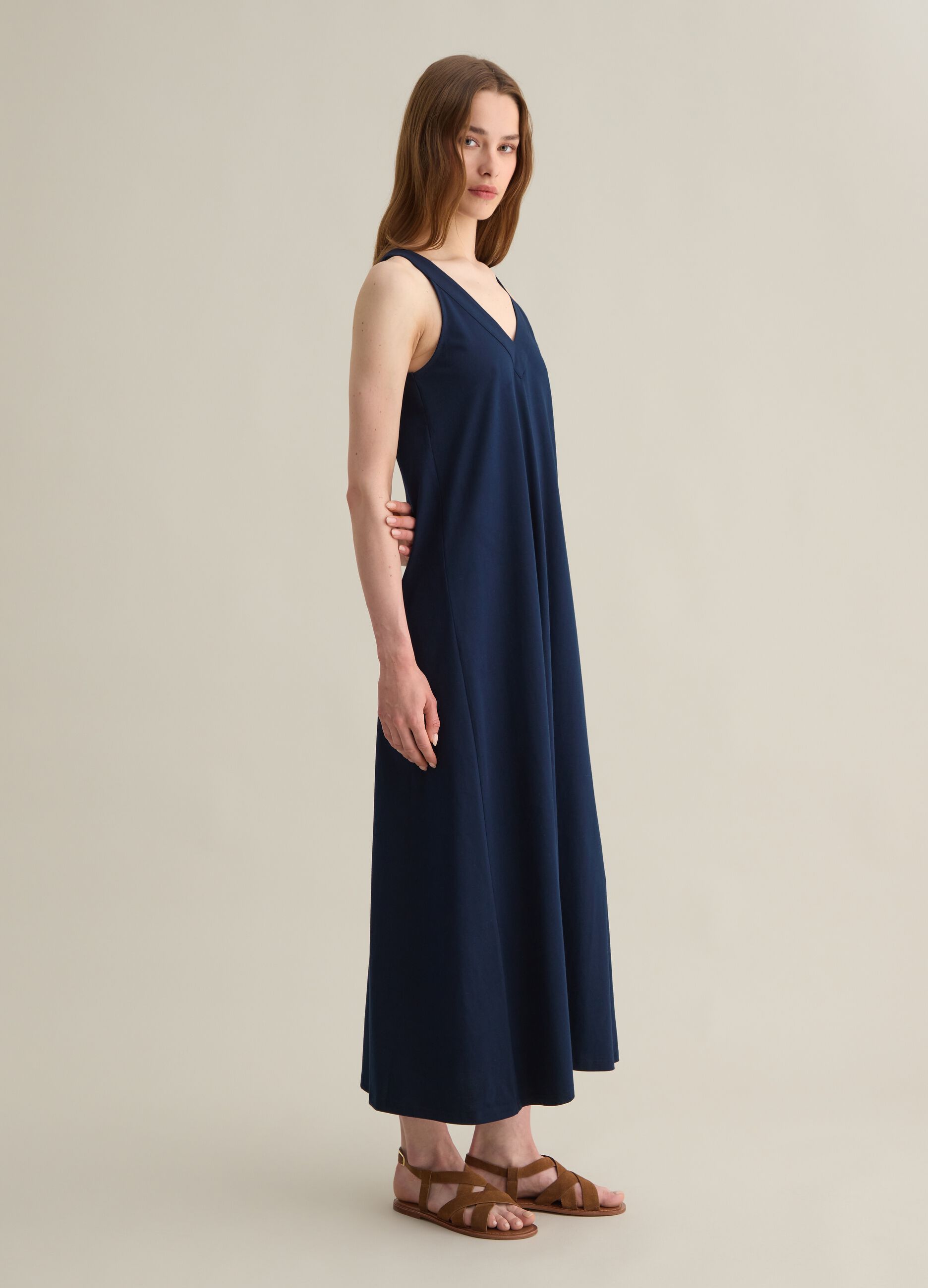 Sleeveless Long Cotton Dress in Blue