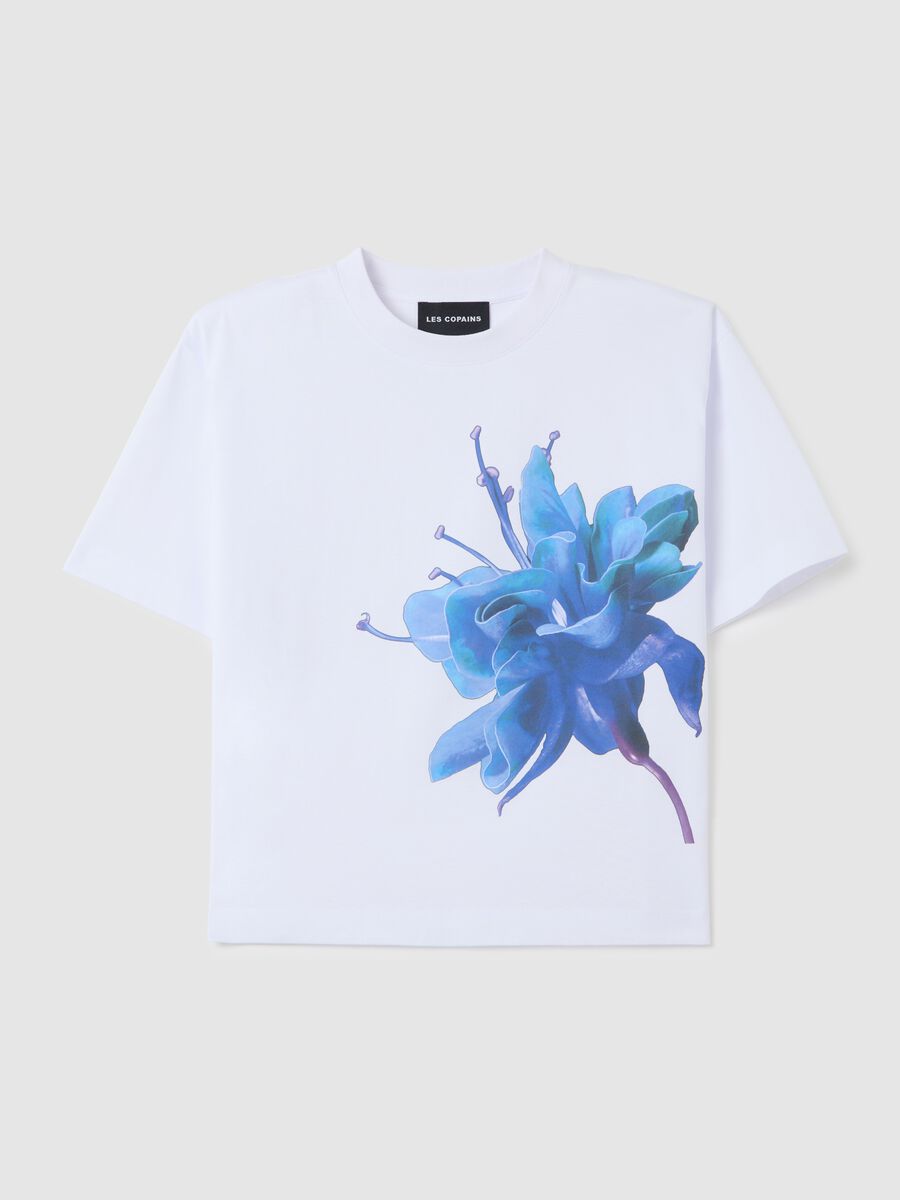 White cotton crew neck T-shirt with blue flower_4