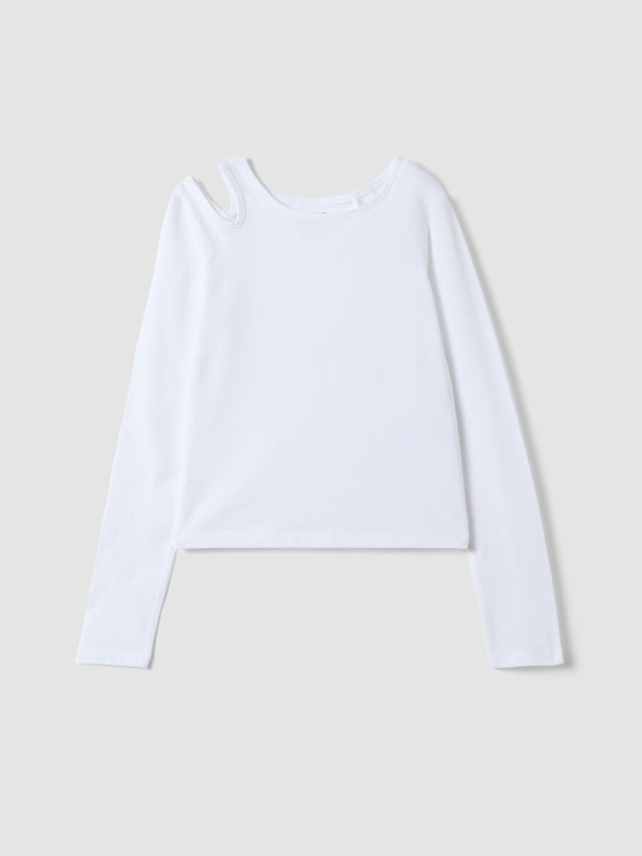 T-shirt bianca in cotone organico elasticizzato con cut-out per ragazza_0