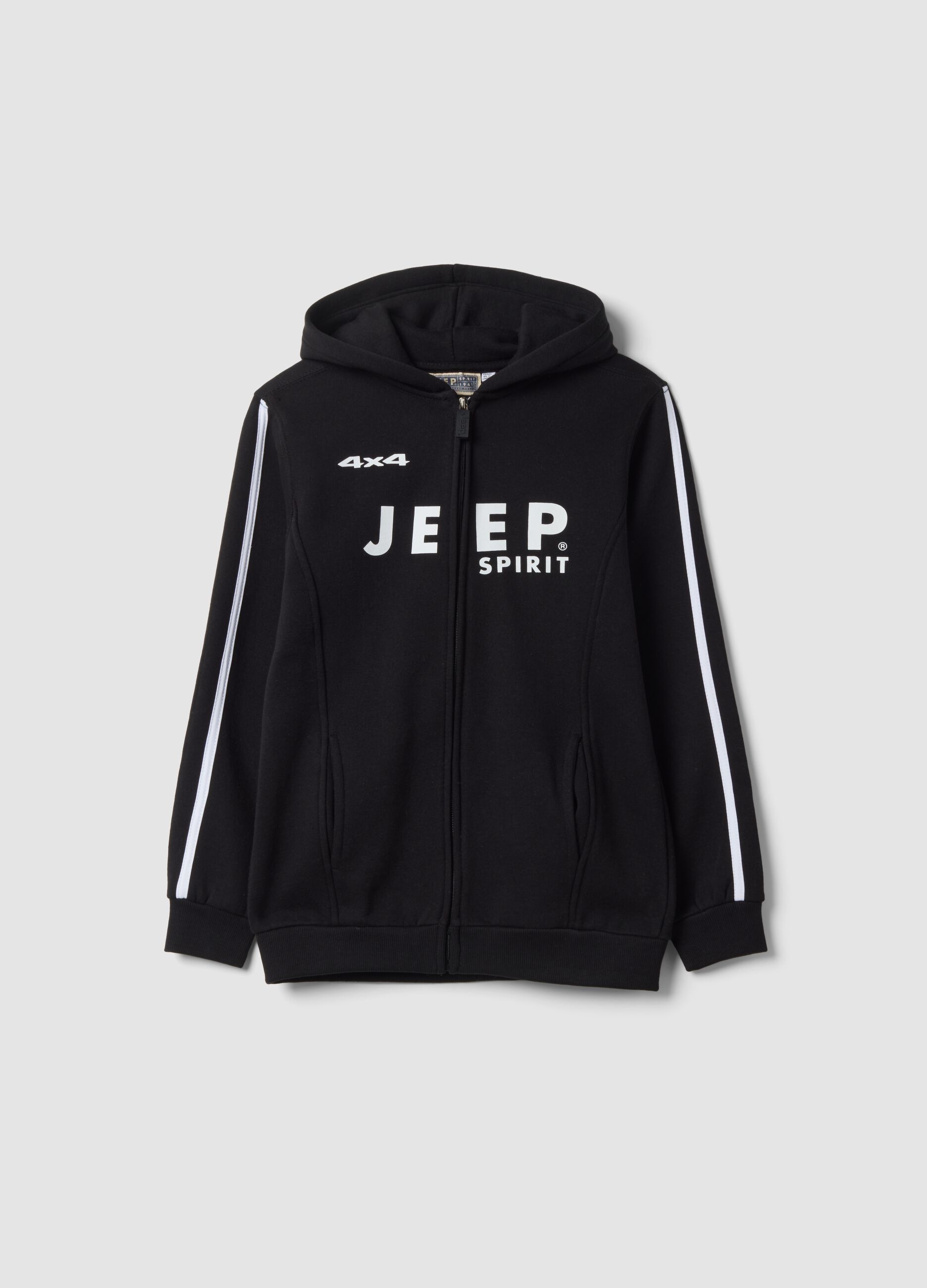 Felpa nera in misto cotone con cappuccio e stampa Jeep