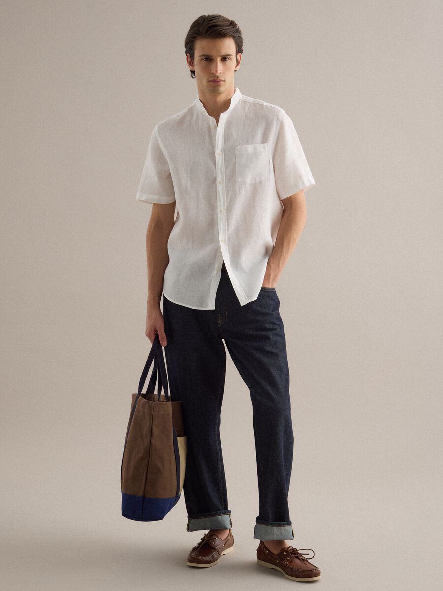Camicia bianca con collo alla coreana in puro lino regular fit_2