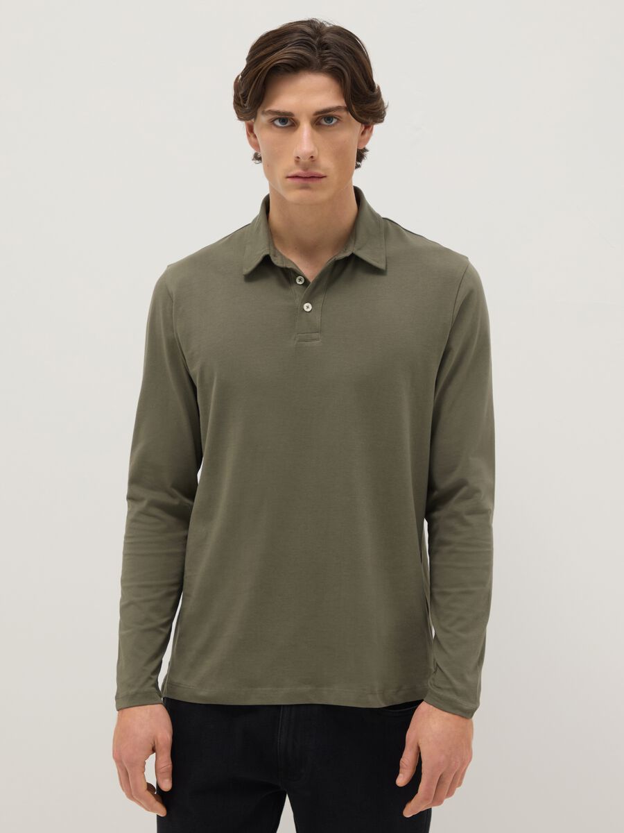Long-sleeve green cotton polo shirt regular fit_0