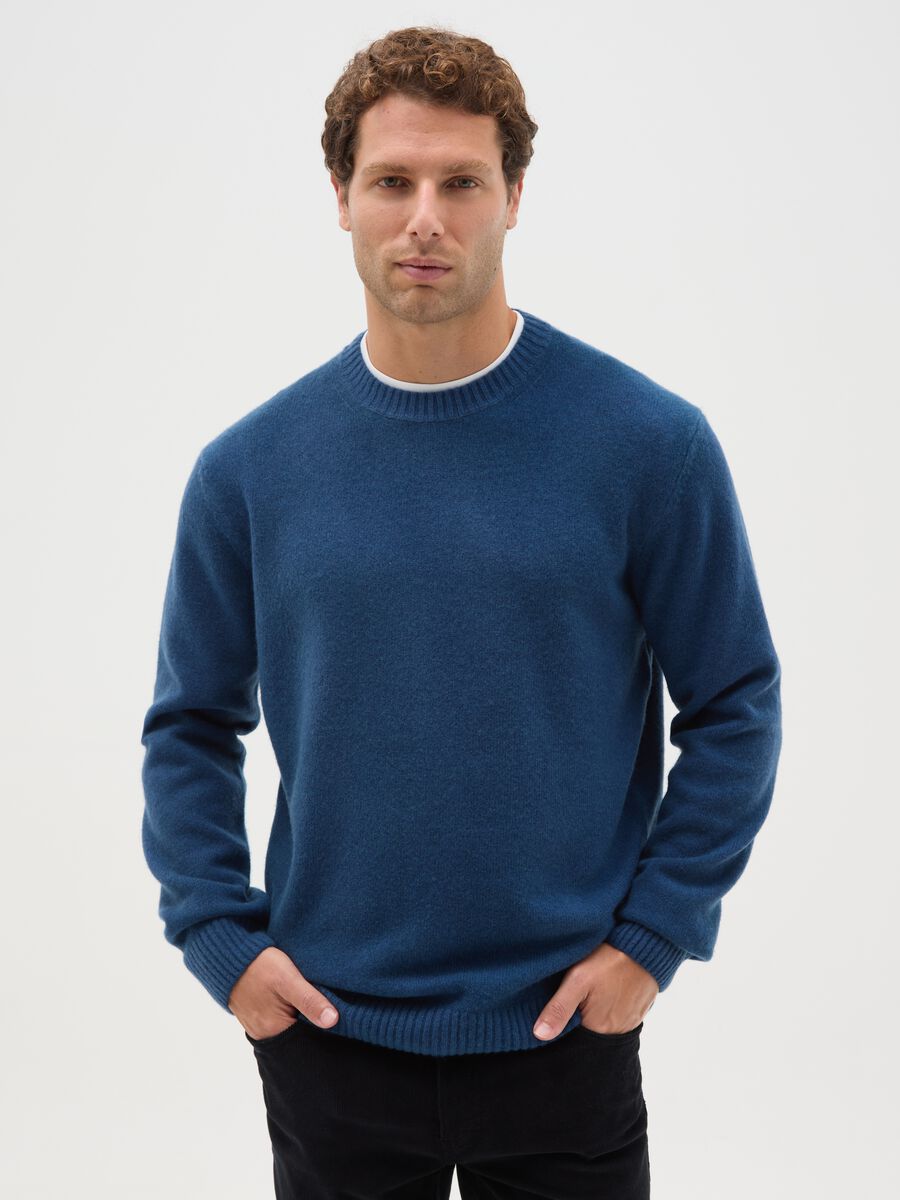 Blue Wool Blend Crew Neck Jumper Regular Fit_0