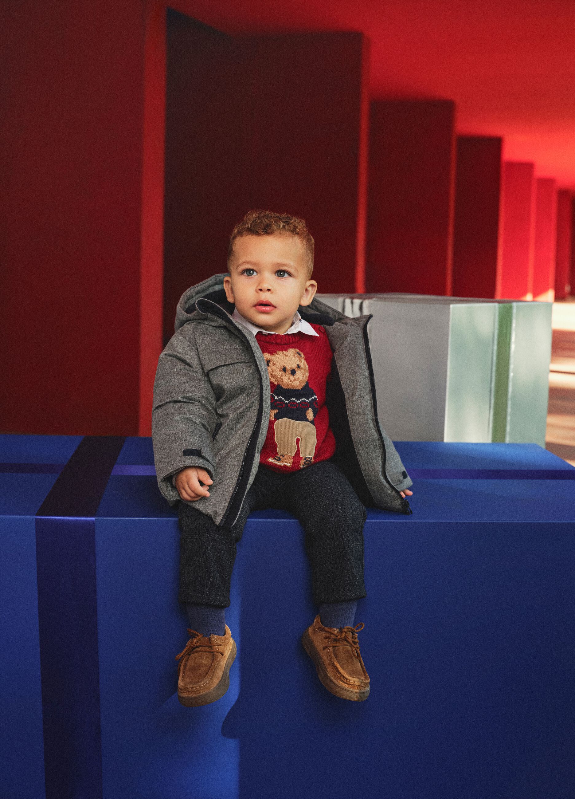 Red sweater for toddlers in cotton blend regular fit with print