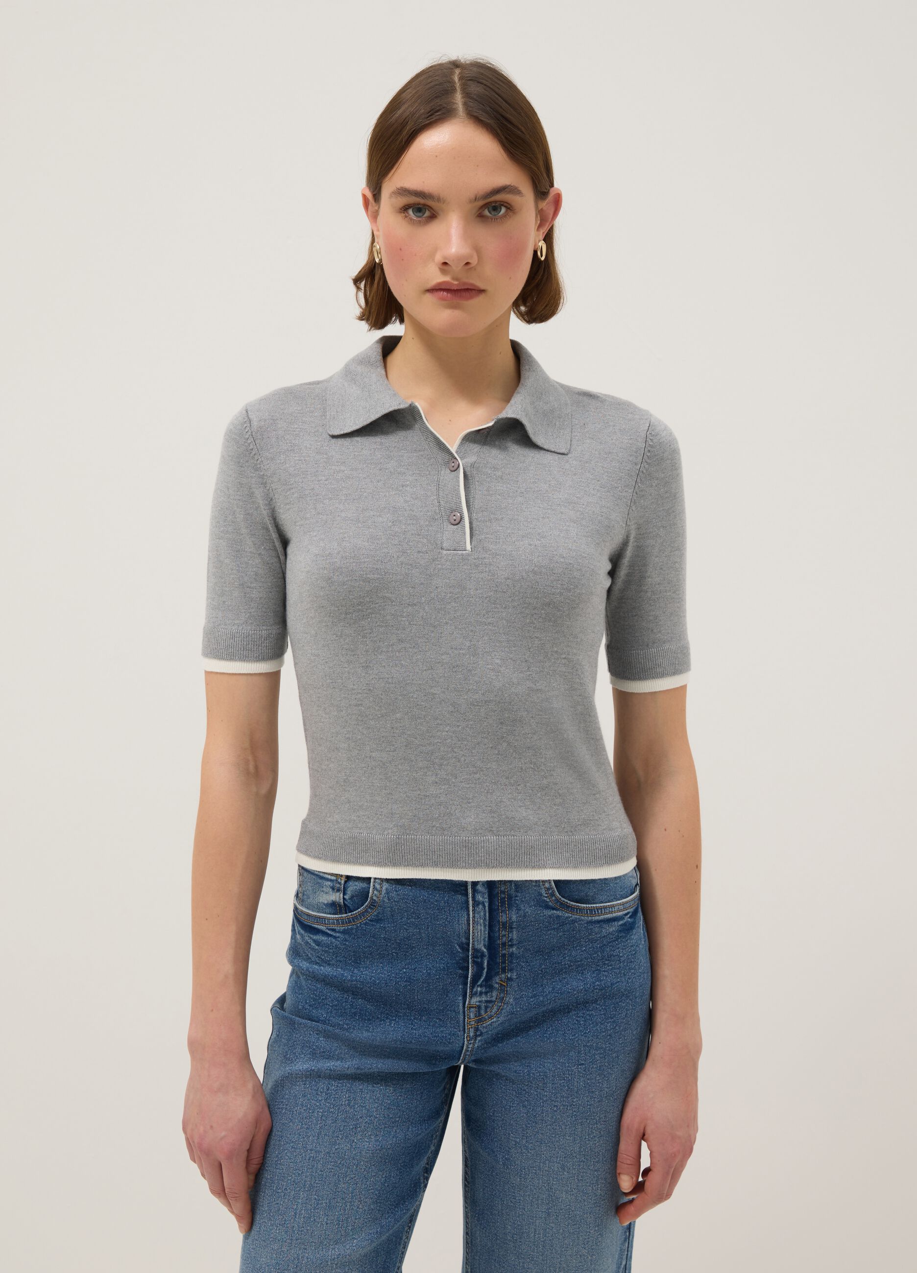 Grey viscose blend regular fit polo shirt