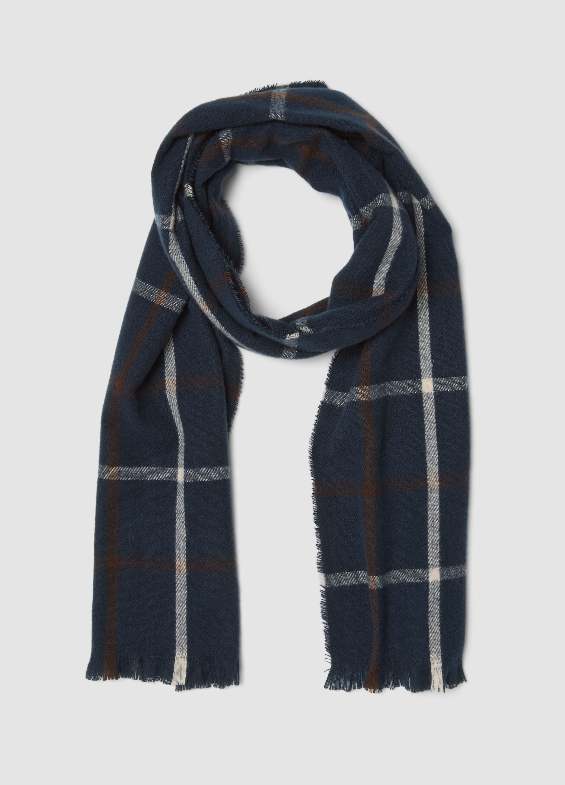 Sciarpa blu navy a quadri con frange