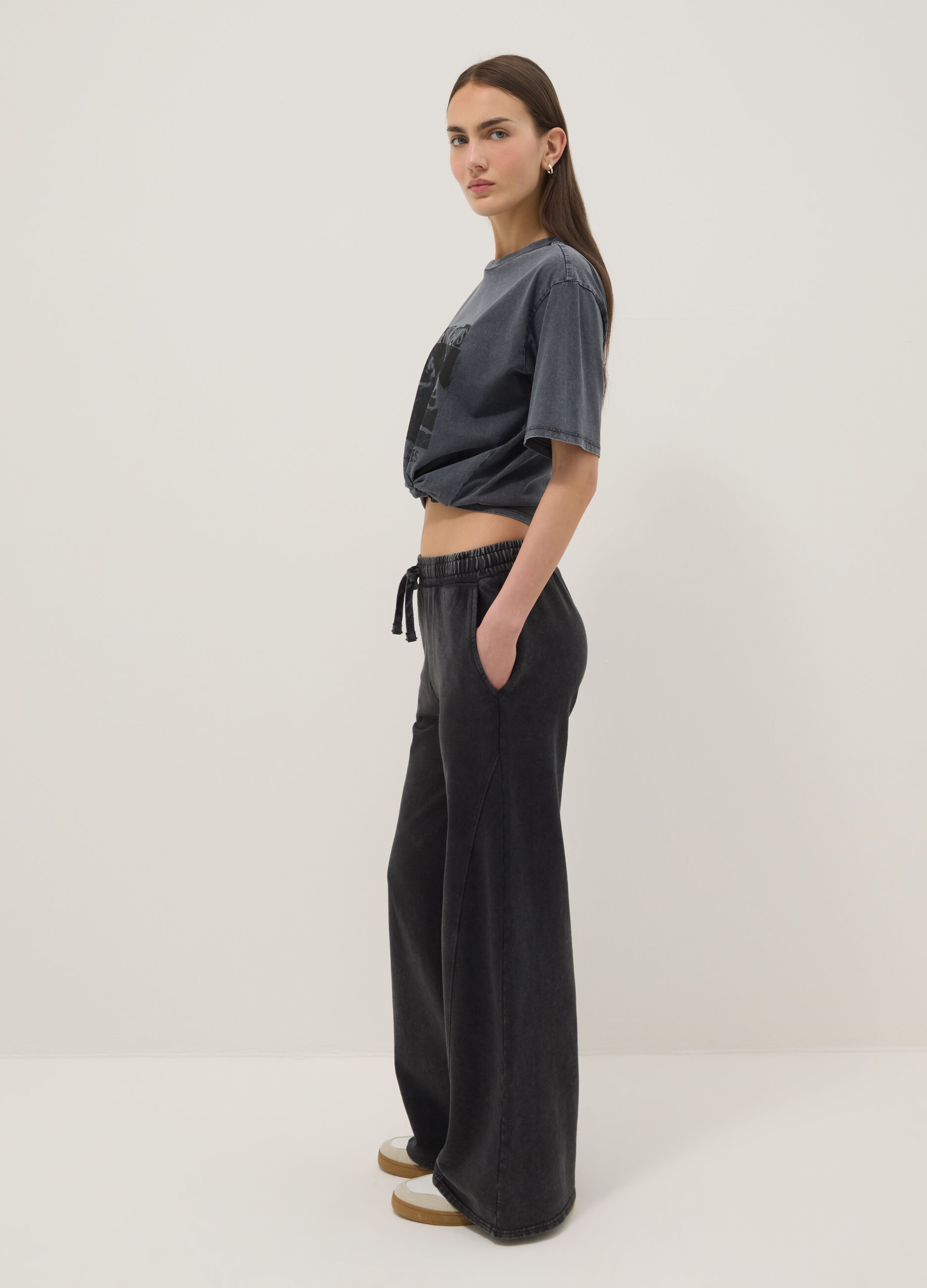 Black pure cotton wide leg jogger trousers