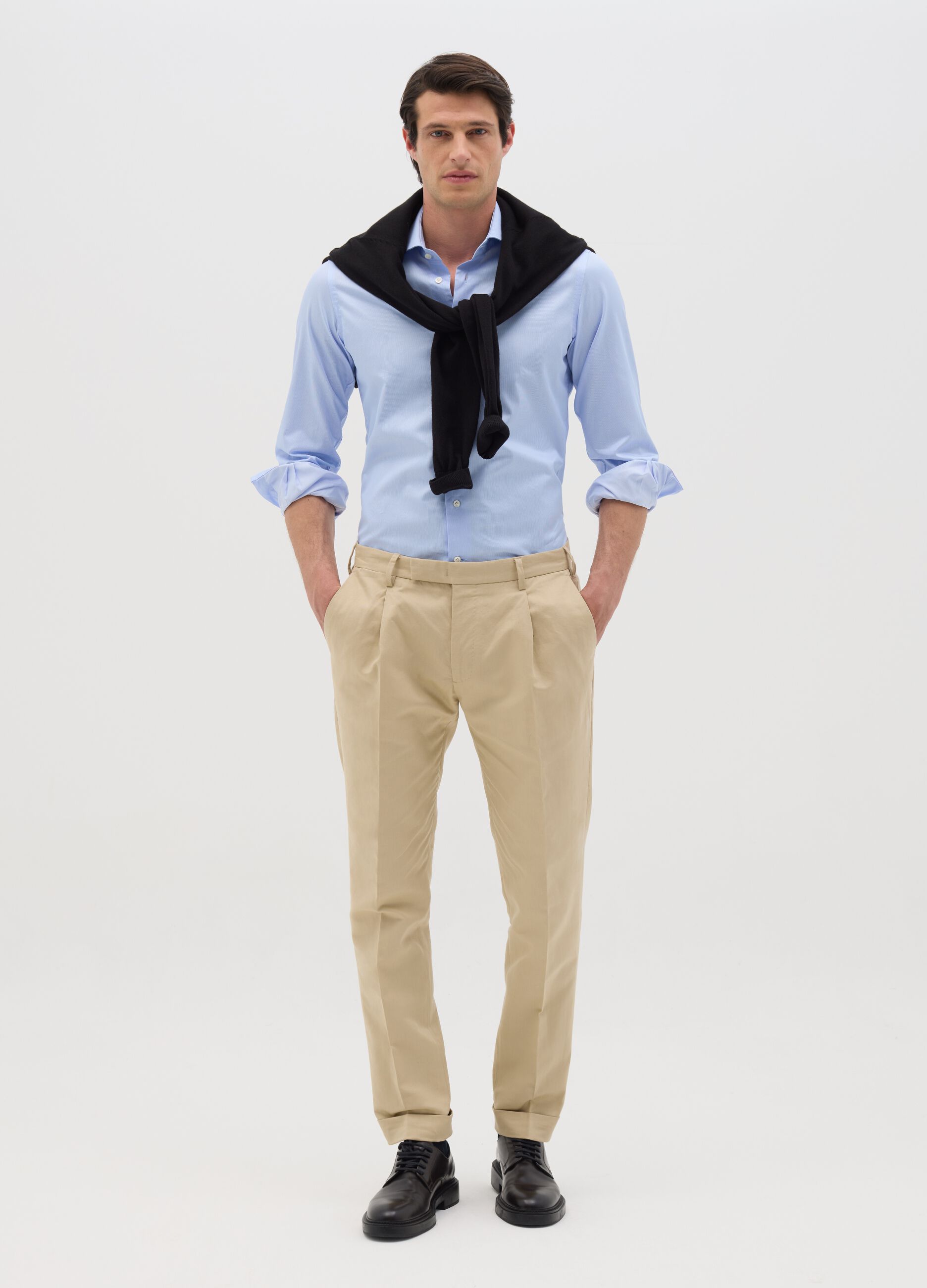 Pantaloni da uomo in cotone e lino beige regular fit