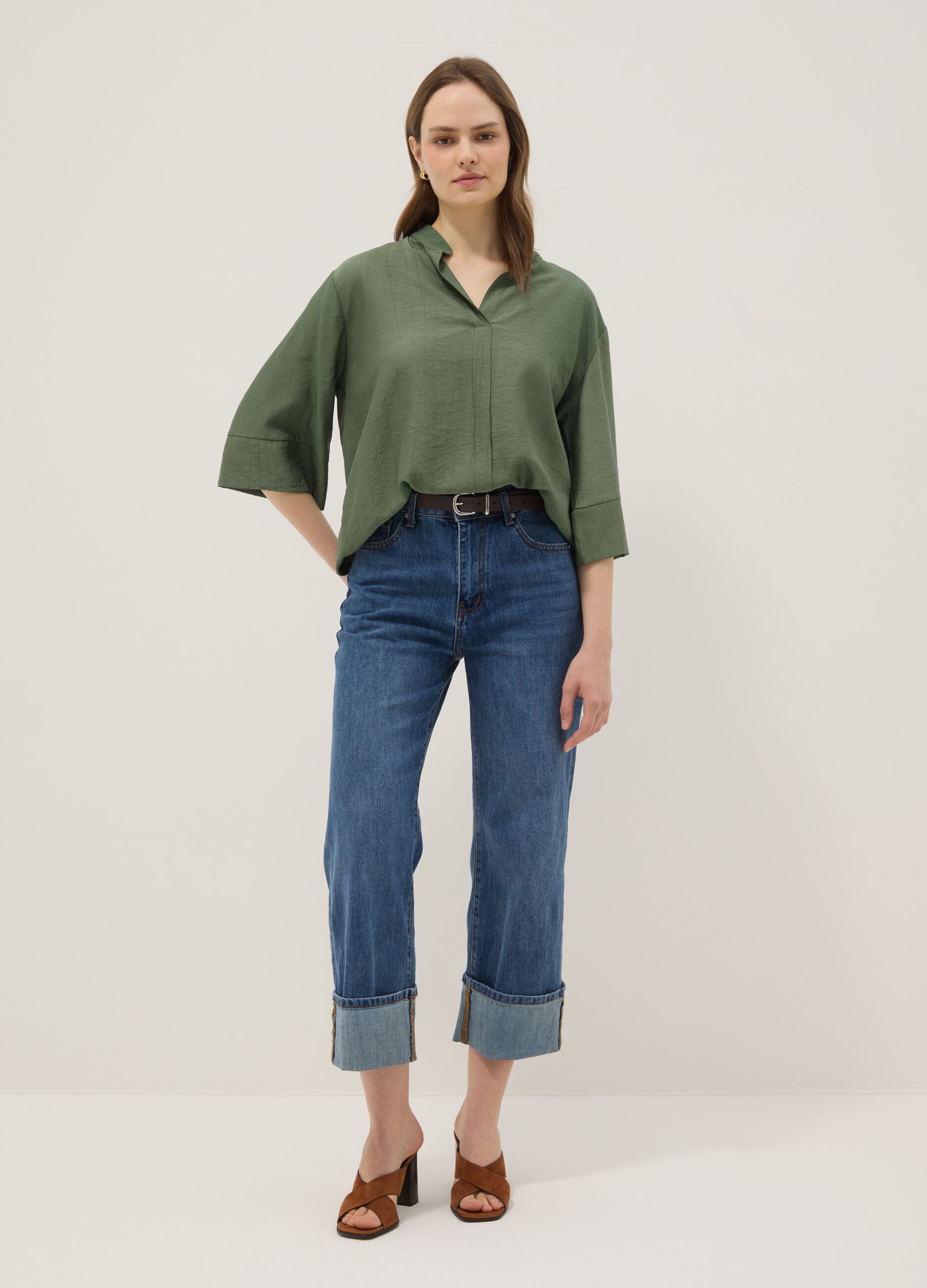 Green viscose-blend regular-fit blouse with Mandarin collar