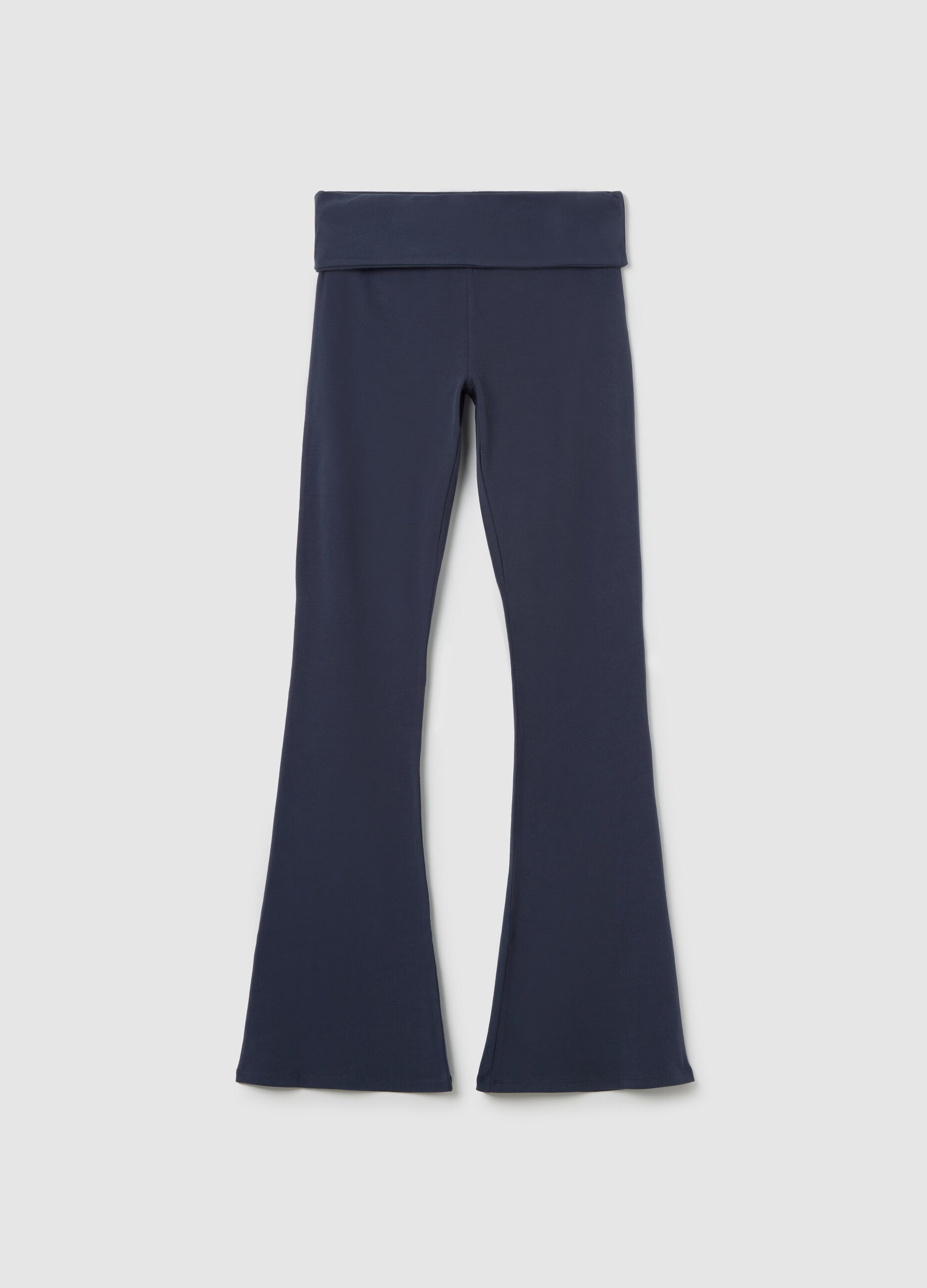 Blue flare-fit leggings with striped fold at the waist