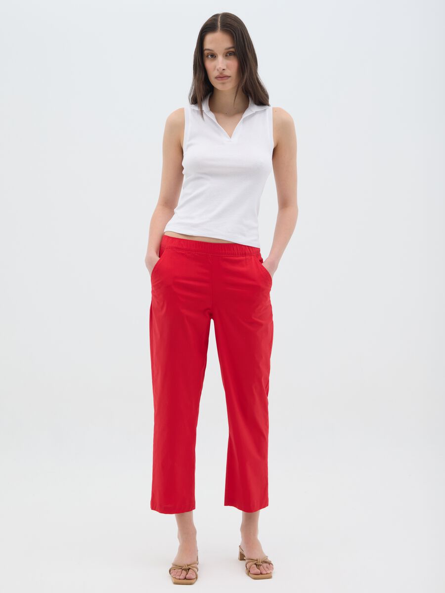 Women's red regular fit stretch cotton trousers_0