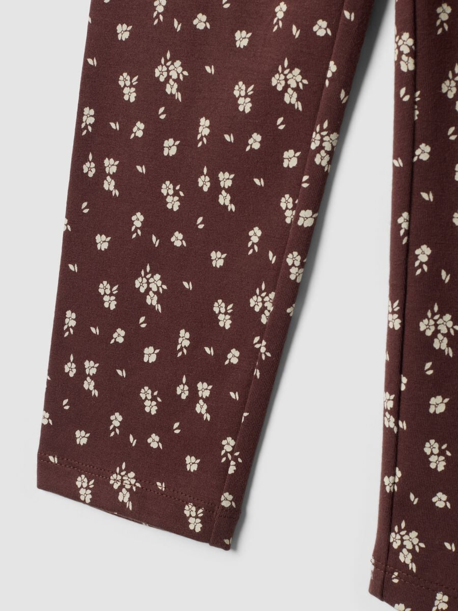 Leggings marroni in cotone organico elasticizzato a fiori_3
