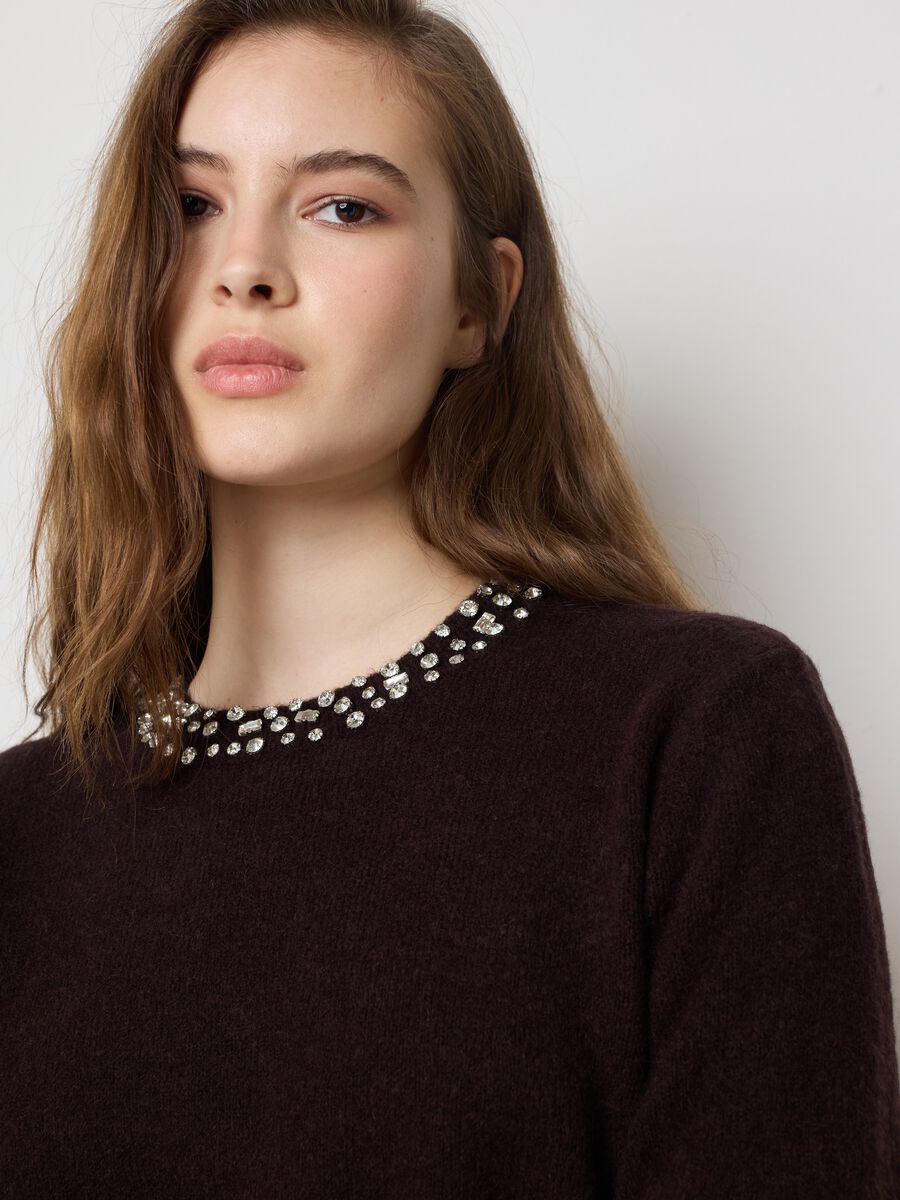Brown regular fit sweater with jewel neckline_1