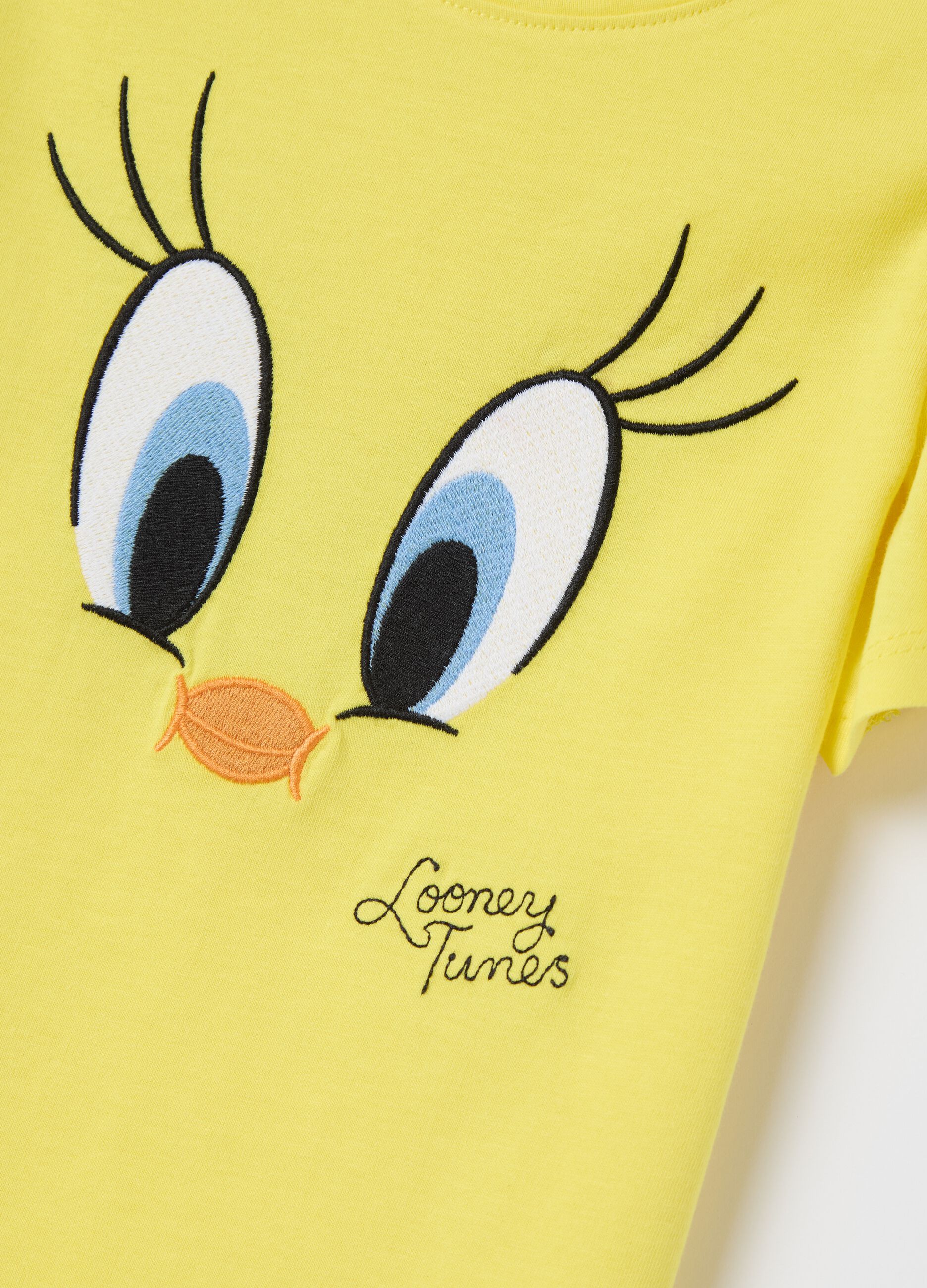 Yellow T-shirt with Tweetie Pie embroidery in cotton