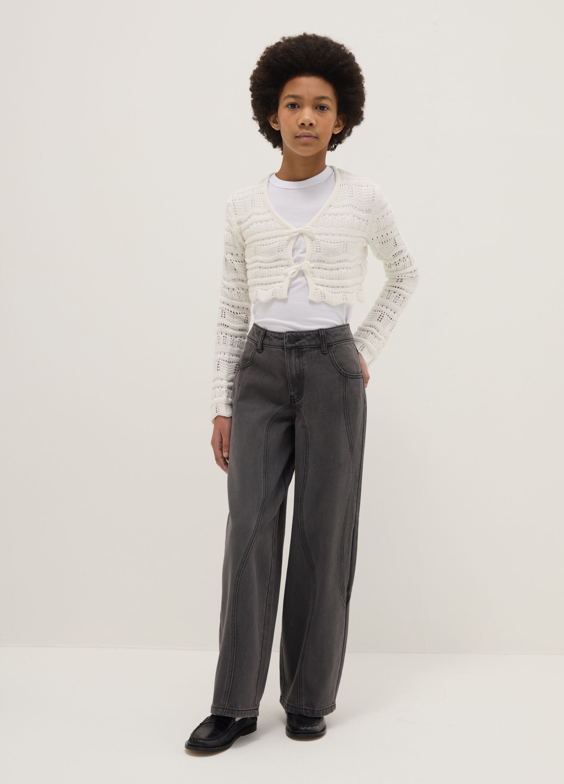 Grey cotton blend balloon jeans for girls