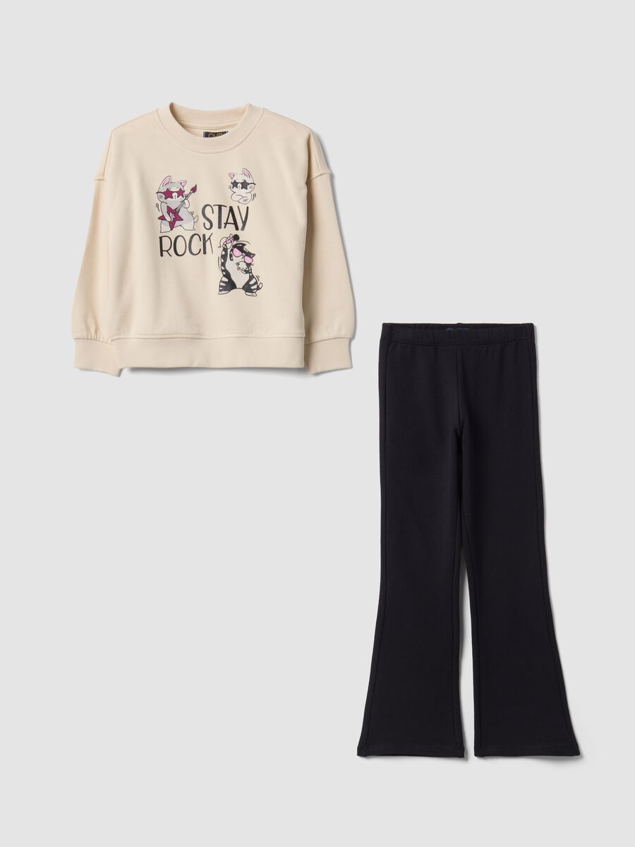 Tuta beige e nera in puro cotone con felpa girocollo per bambina_0