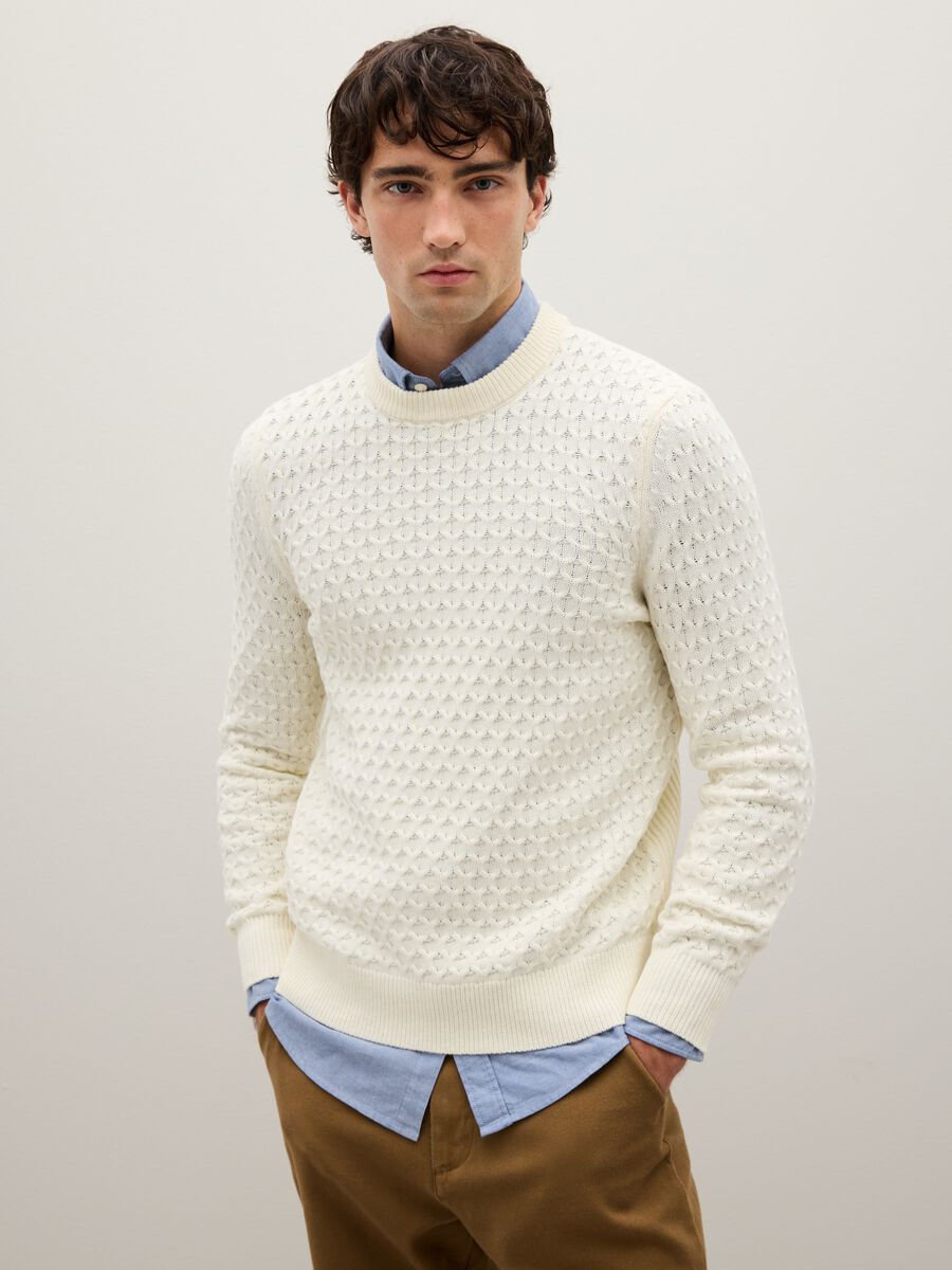 White cotton blend regular fit jumper_0
