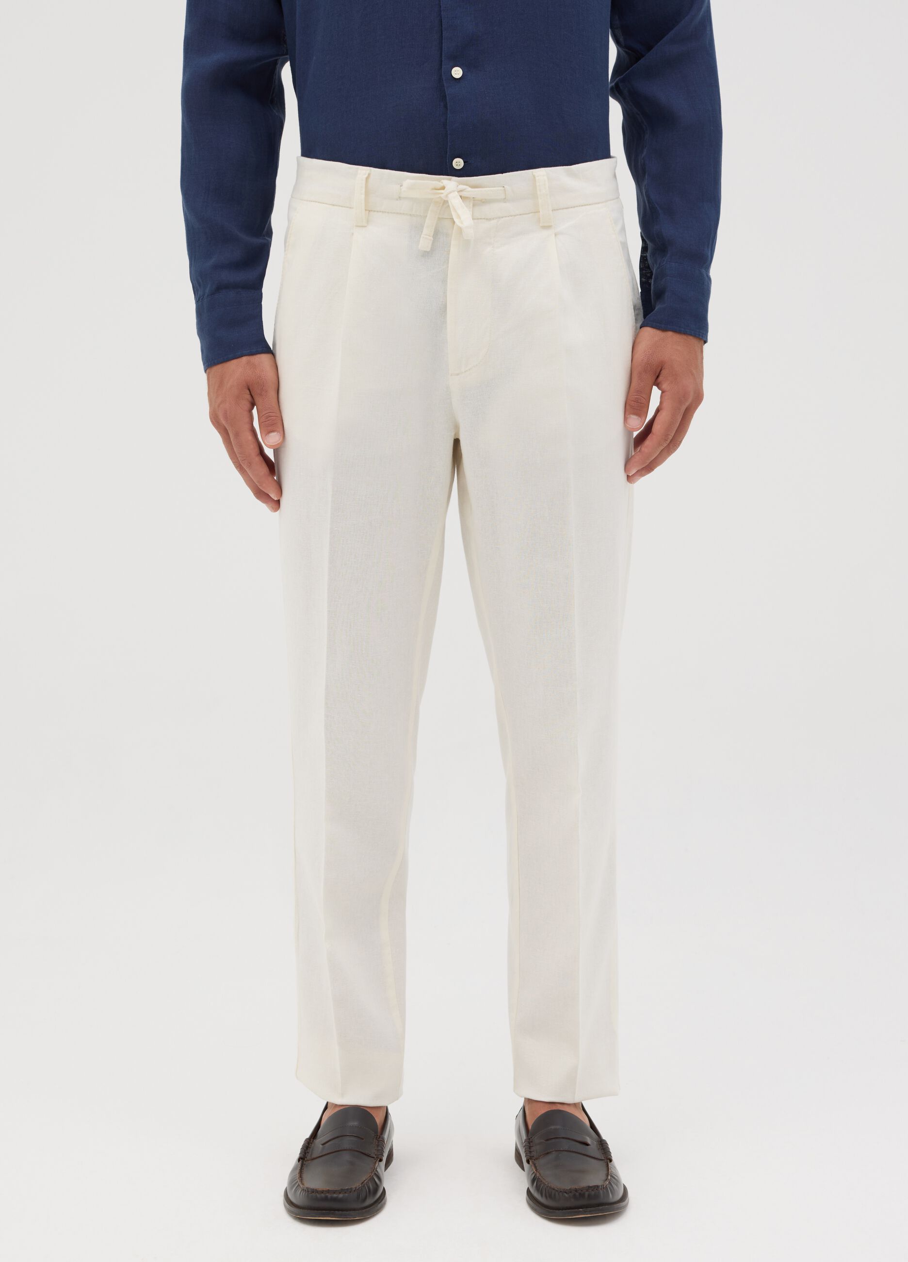 White slim-fit chino trousers with drawstring