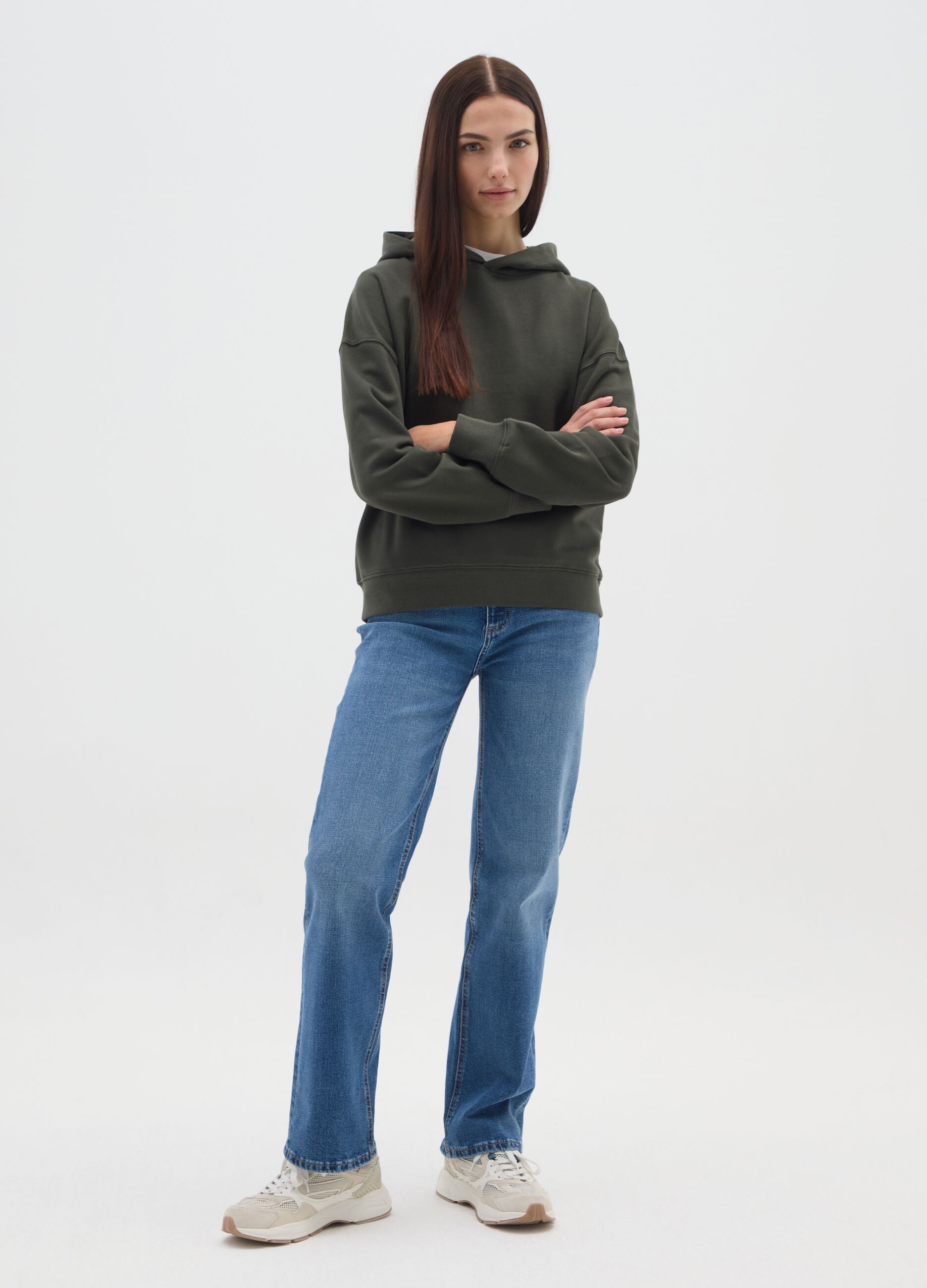 Green cotton blend regular fit hoodie