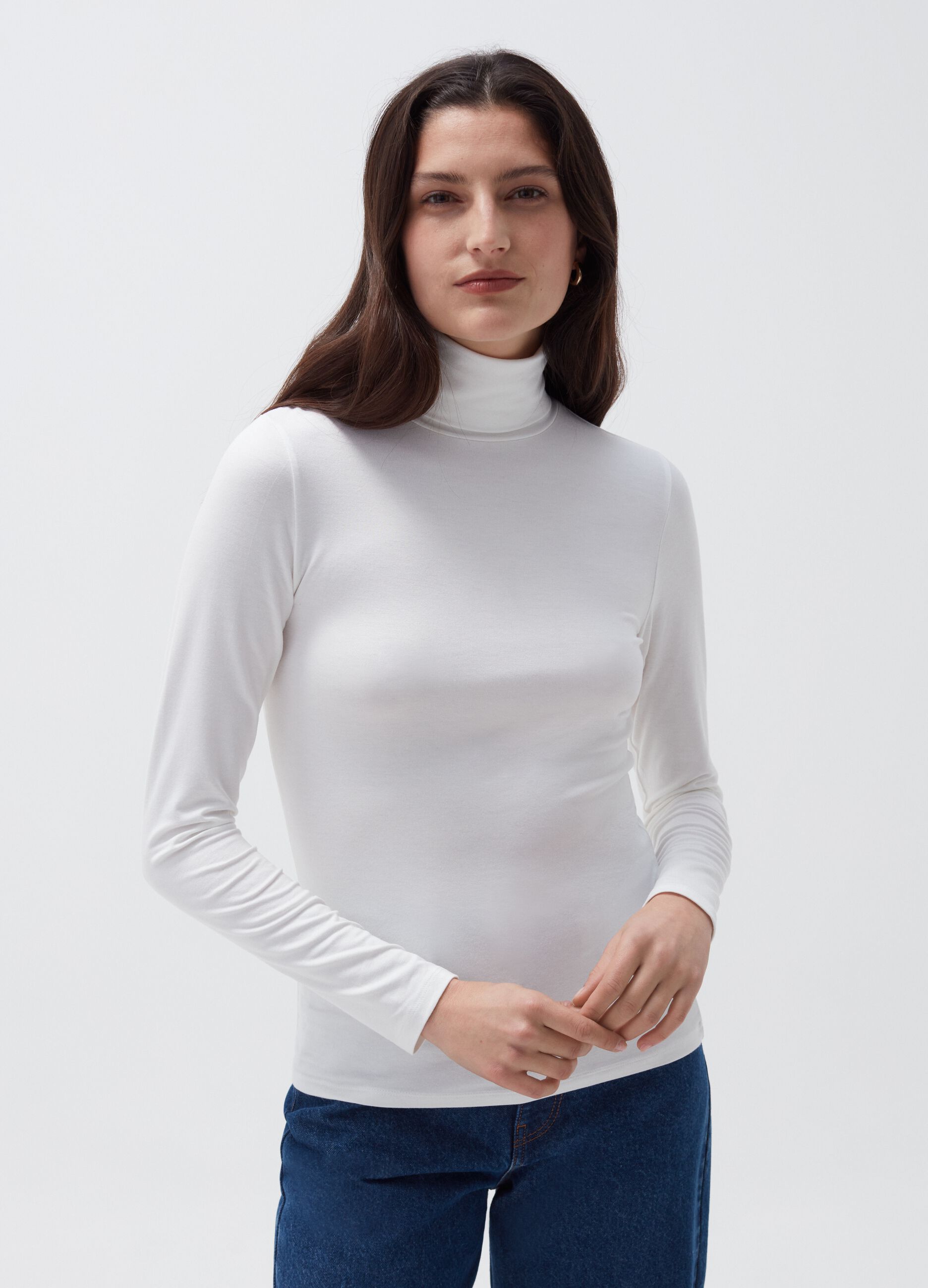 Stretch viscose T-shirt with high neck