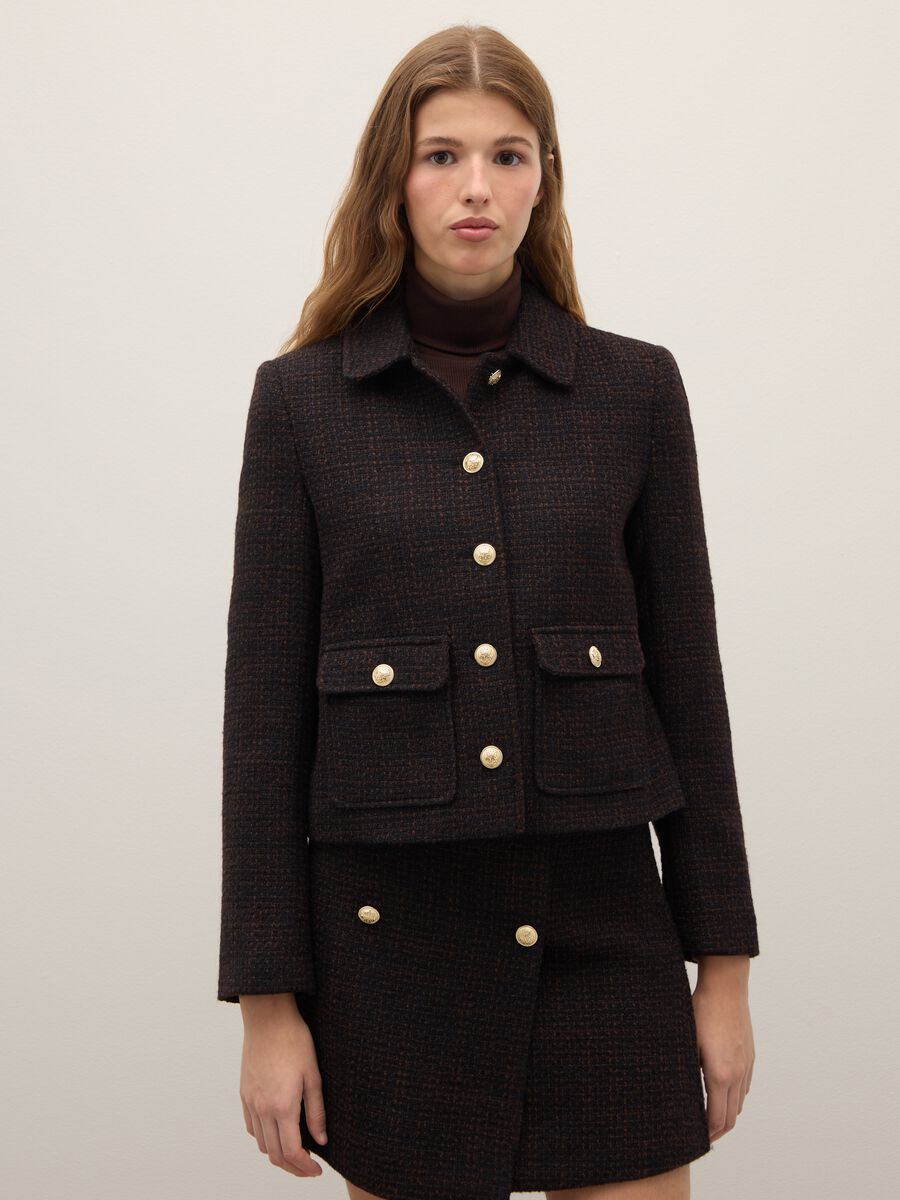 Blazer in misto lana marrone con bottoni dorati_0